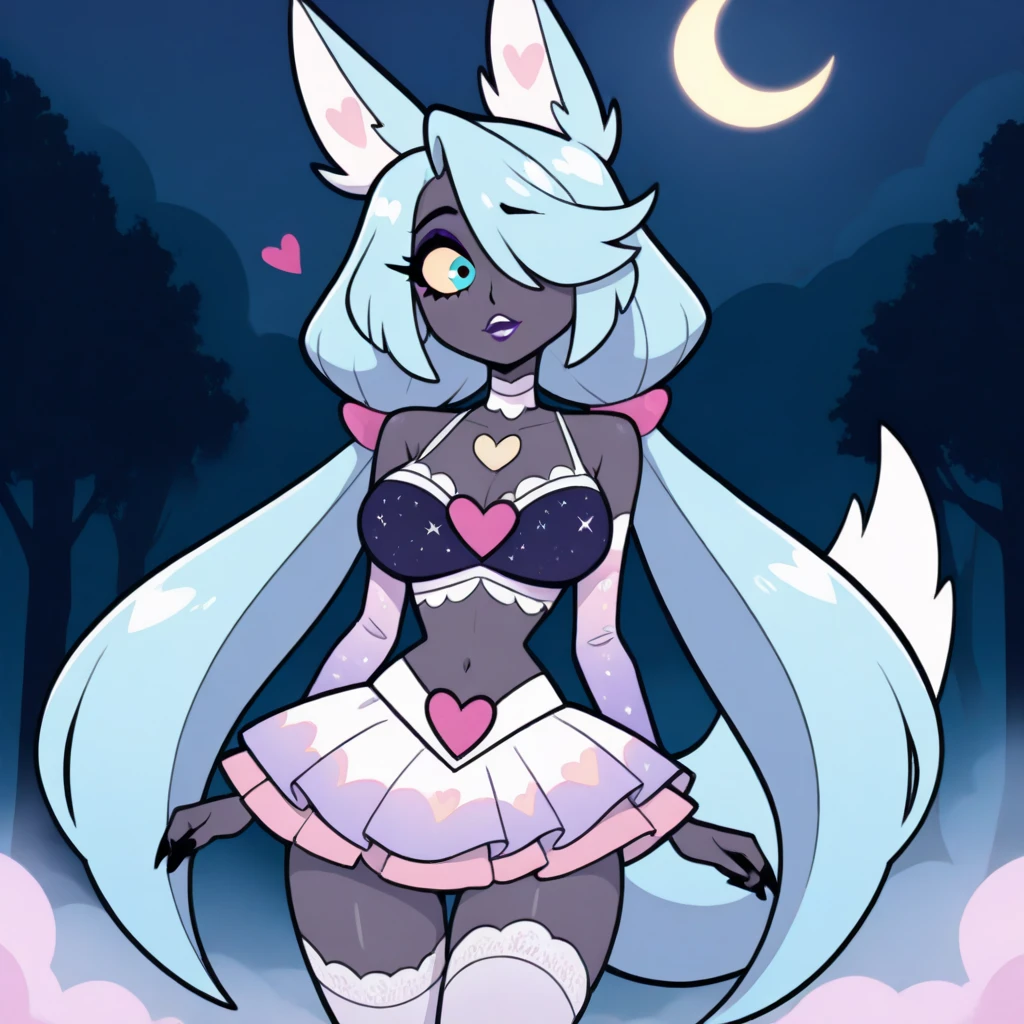 (score_9, score_8_up, score_7_up, best quality, detailed anime illustration, premium quality, master piece, extremely detailed, clear image, detailed hands, radiant colors), solo, portrait, full body, deep shadowing, deep shading, (squinted eyes, seductive expression, horny, looking at viewer, top teeth exposed, nighttime, starry, starry sky), 1 young girl, ((detailed eyes, bright purple eyes, pink flower in hair, surrounded by light pink flowers, many flowers, white bed sheets, white bed, pillows, cushions, moon light, large open window background, pink sky background, forest background, cute girl, pretty girl, slender waist, wide hips, purple eyes and purple hair, long silky hair, shiny hair, 1 girl, laying down, laying fully down, laying on back, naked, porn, pussy exposed, juicy pussy, spreading pussy open, ???????? exposed, tiny butthole, cute little ????????, lush breasts, soft breasts, breasts exposed, one hand grabbing buttcheeks, spreading pussy open, spreading legs, belly exposed, soft body, black collar, black fingerless elbow gloves, black thigh high boots, white tiny tail, white fluffy dear tail, white fluffy fox ears)),
