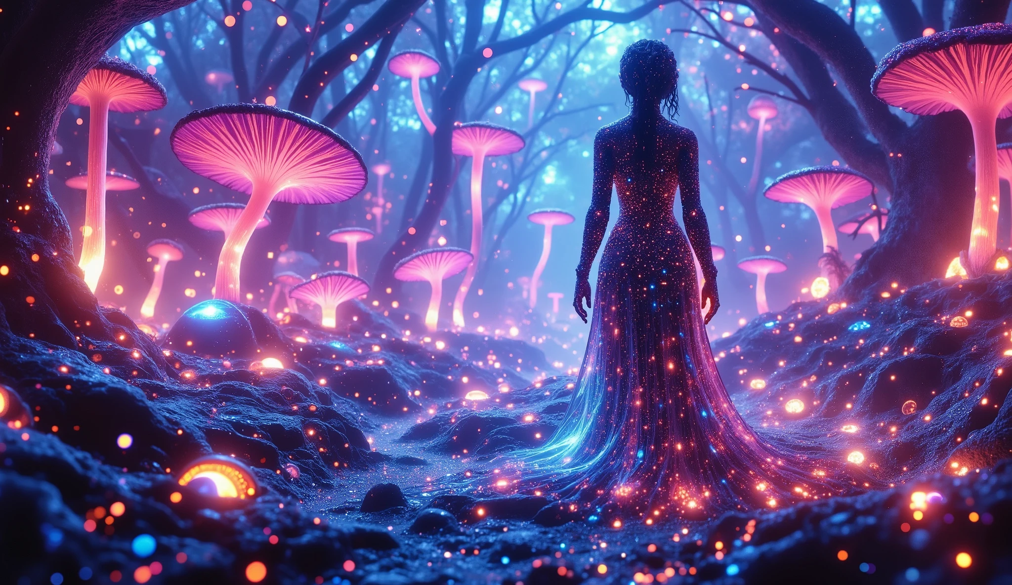 Cyberpunk Snow White on an alien planet, glowing forest of giant bioluminescent mushrooms, futuristic armor with soft touches of elegance, 7 BB8 droids surrounding her like loyal guardians, vibrant neon lights, misty air, cinematic lighting, sci-fi fantasy art, concept illustration, blend of realism and surrealism