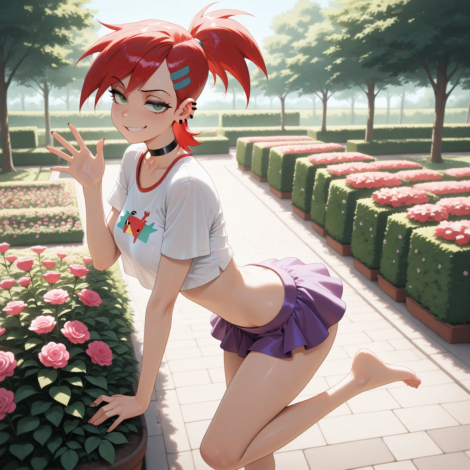 short orange hair, green eyes, full body, smiling, nude body, sitting on a bench, flat torso, pussy, skinny body, small, pussy juice, cum (insanely detailed, beautiful detailed face, masterpiece, best quality)
