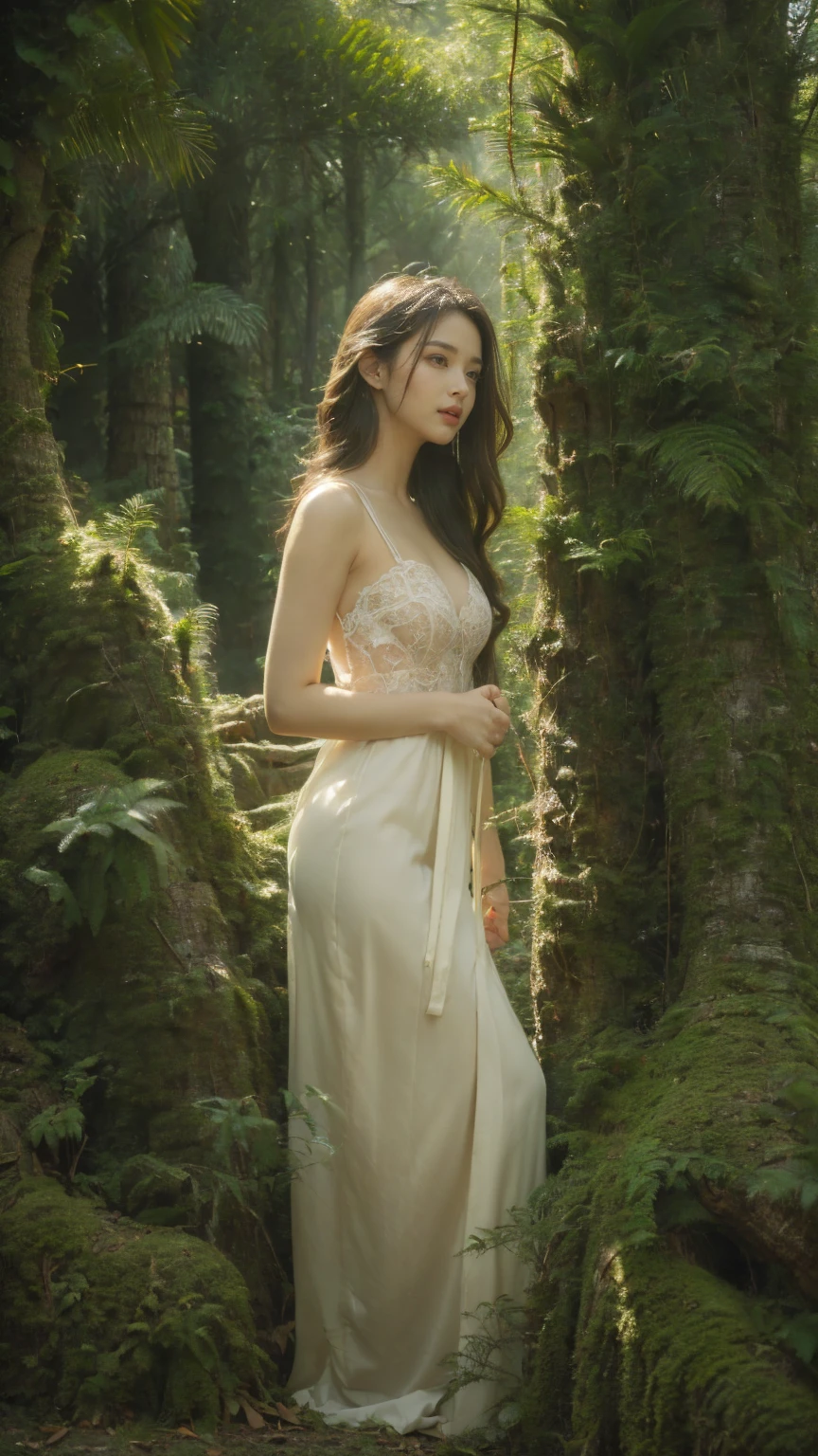 one girl tied up by another one with rope,(bright lighting,romantic setting),dreamy background,bondage,dark hair, mesmerizing gaze, , soft skin, alluring beauty, artistic portrait, high-quality image, vibrant colors, long silk gown, dressing room, (cocoon:0.8)