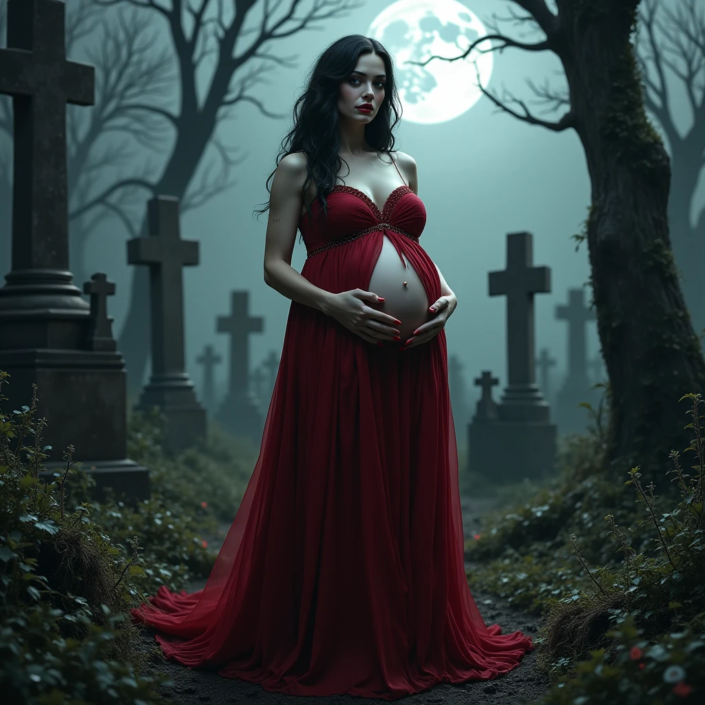gothic vampire pregnant with baby demons in a cold and dark cemetery with ghosts and figures with a morbid and dark atmosphere