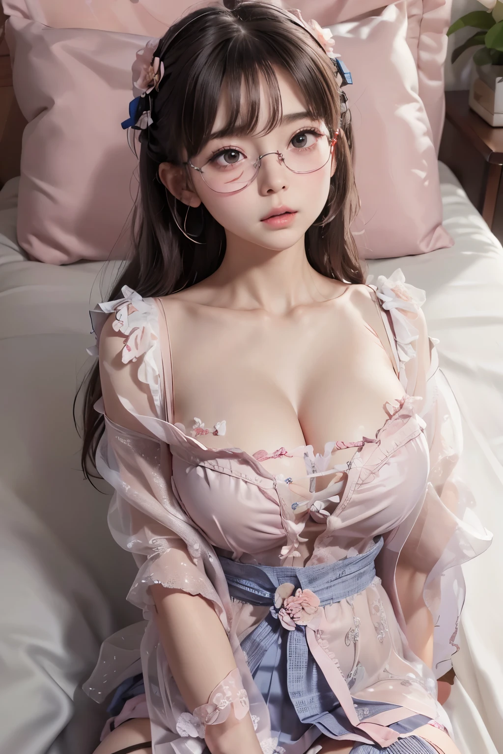 15-year-old girl with a pure face, big breasts, super big breasts, obesity, fair skin, ?????? pajamas, transparent gauze, lace lace, glasses, milk running from the corners of her mouth