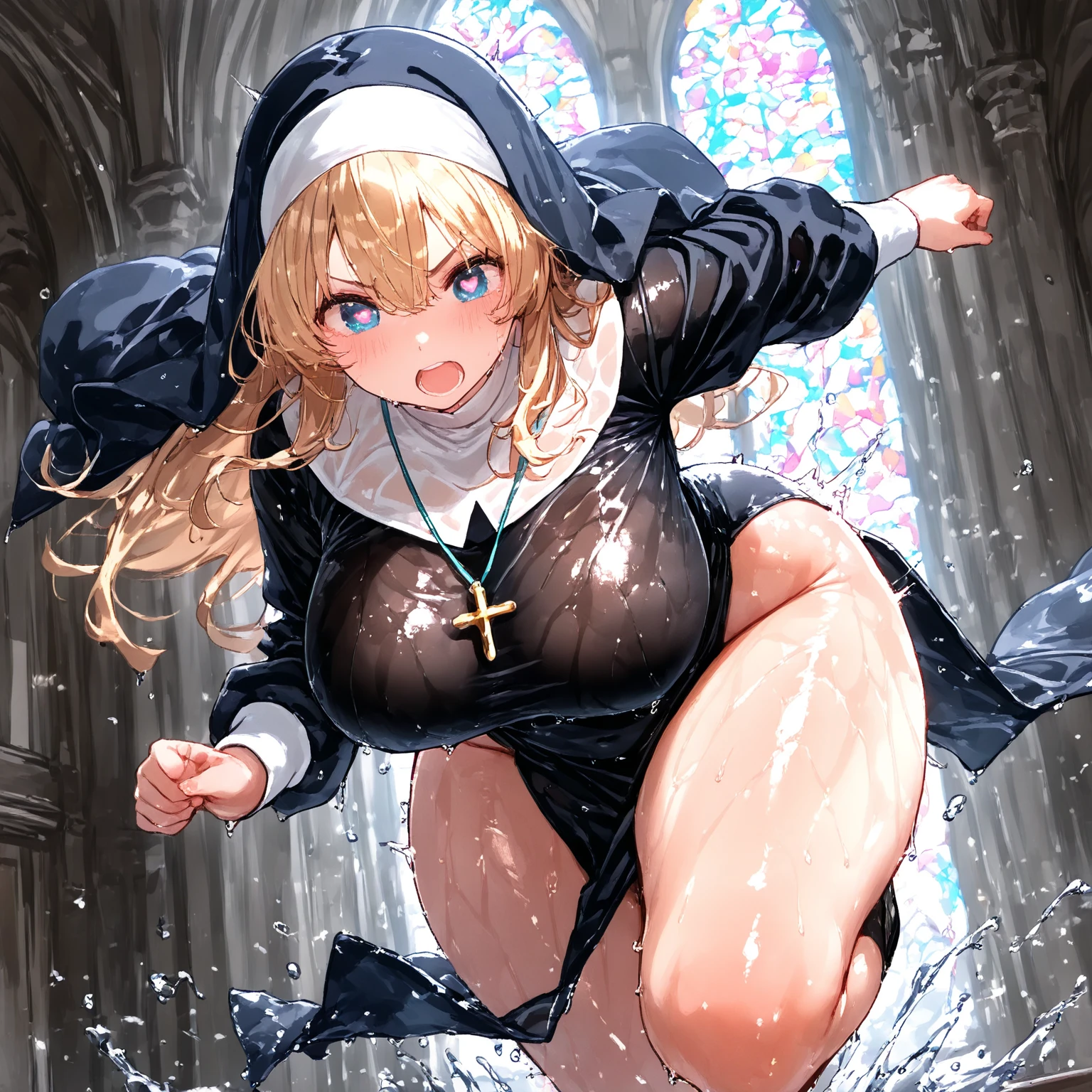 (Very detailed,Highest quality,4K,8K,16K,High resolution,masterpiece:1.5), (Perfect hands,Perfect Legs), (Realistic,photoRealistic,photo-Realistic:1.37),
One beautiful woman, Siggy, Nuns, Green Eyes,
Beautifully detailed sweat glands, Smooth skin texture, Carefully drawn,
Outstanding proportions, Lively expressions, (Big Breasts), (Big Ass), ((Sticky with sweat)), ((Spread your legs and do a squat)), In a sexy pose,
((Inside the church)), (((The church has many believers))), Cowboy Shot,