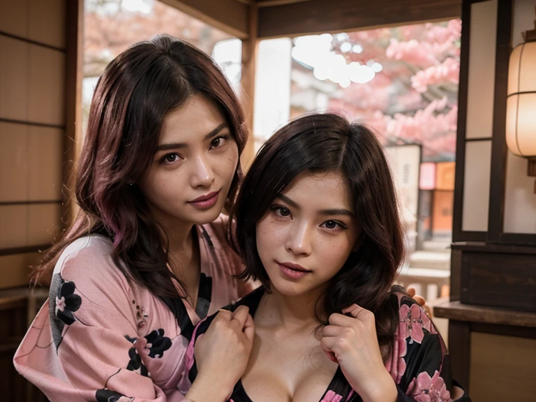(meilleure qualité), (8k), (Qualité supérieure), (vrai photo), (photo réaliste), 1 sexy girl, red hair girl, mistress shibari, mistress dojo temple, sexy opened kimono, Sakura theme, Sakura 