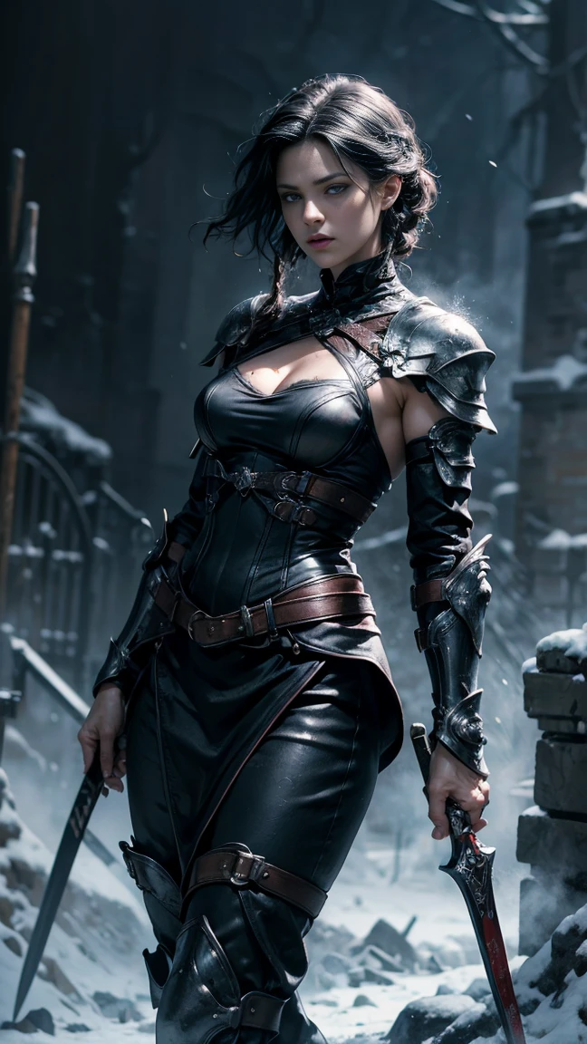 (a detailed portrait RAW photo of a gorgeous beautiful ((German)) , realistic, solo, side view, POV, looking in camera, intense stare, (masterpiece),(photorealistic:1.3), nfsw, ultra-detailed, (high detailed skin:1.2),(best quality:1.0), (ultra highres:1.0), fit, back light, choker, slim, choker, beautiful, Wearing a stylish body fitting leather fantasy clothes, loincloth, fantasy rogue, short hair, 2 strands of hair tendrils, bangs, Accessorized with leather armband and holding a dagger, sneaking, sneaking pose, looking off into the distance, Captured from an above view angle, The scene set in a dark city at night. Best quality, 4k, Masterpiece :1.3), pretty woman, 1girl, (breasts, attractive body :1.2), abs :1.1, red brown hair: 1.1, makeup, black eyeshadow, black eyeliner, red blush, (rainy wet, wet from rain, wet body :1.2), (wet hair), ultra-detailed face, detailed lips, mouth closed, red lipstick, detailed eyes, green eyes, double eyelid, high leather boots, garter over right thigh