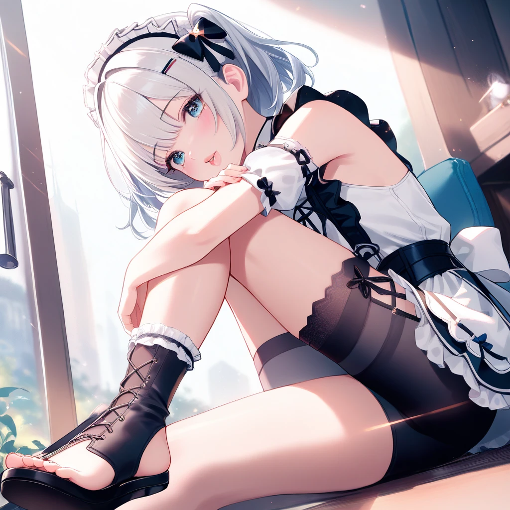 cute girl, garden, sunset,(maid:1.2),(lace trim:1.1),off shoulders,cleavage,