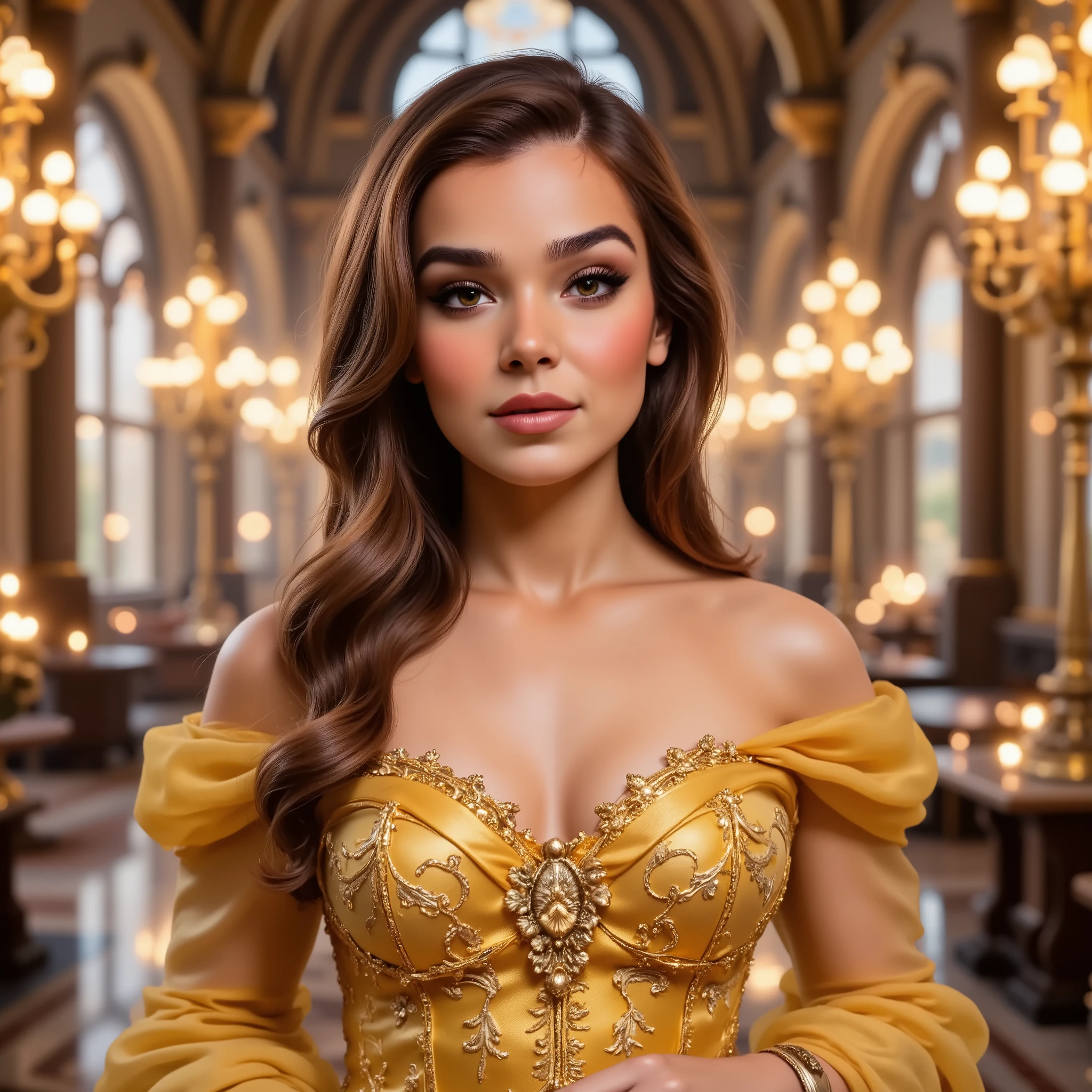 Highly detailed, hyper-realistic cinematic portrait of Belle from *Beauty and the Beast*. She has large, expressive brown eyes and long, wavy chestnut-brown hair, elegantly styled with a few loose strands framing her delicate face. Her skin is smooth and radiant, with a soft natural glow. She wears her iconic golden-yellow ball gown, made of rich, flowing satin with intricate embroidery and delicate folds, reflecting the soft candlelight around her. The fabric’s texture is highly detailed, with visible stitching and a subtle shimmer. 

The setting is a grand, enchanted ballroom with towering, golden-lit chandeliers, intricate rococo-style carvings, and marble floors that reflect the ambient glow. Warm, magical light filters through tall arched windows, casting a dreamy, fairy-tale atmosphere. The background is slightly blurred to maintain a cinematic depth of field, with floating dust particles adding a soft, ethereal touch. Belle’s expression is serene yet curious, as if lost in thought, embodying her intelligence, kindness, and adventurous spirit. 

Rendered in ultra-realistic 4K resolution, with highly detailed textures on skin, fabric, and hair. The lighting is soft yet dramatic, enhancing the depth and realism of the scene.