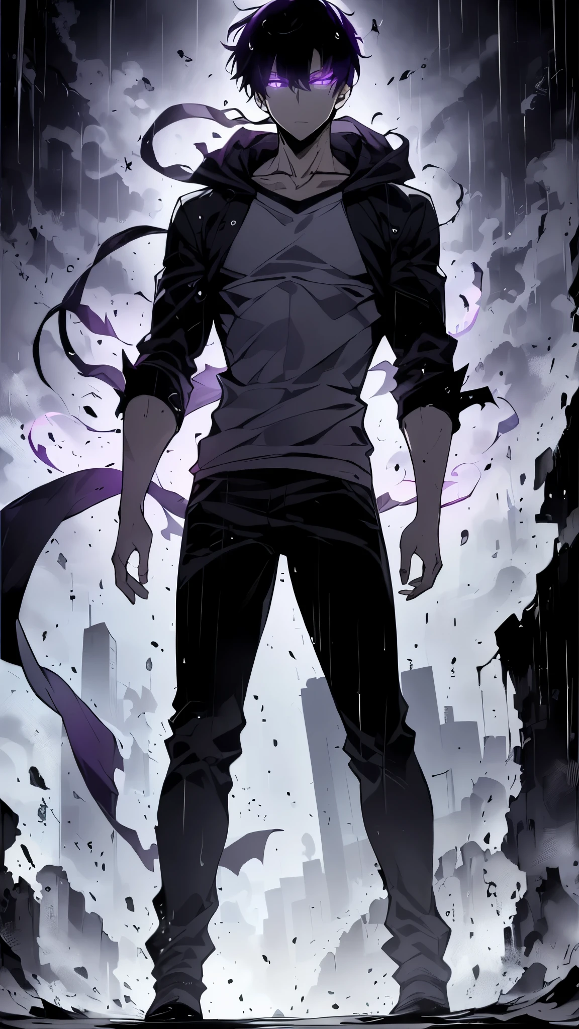 Super-detailed 8K masterpiece full-body portrait of a lone male assassin character inspired by Kaneki Ken in Tokyo Ghoul, laugh confidently, cruel, in the art style of Solo Leveling. short black hair, glowing purple eyes, pale skin , cinema light, Strong depth of field. Black hood, rain drenched, standing alone in dark Tokyo cityscape. Hair partially covering the face, gaze attentively looking at the viewer, somber and dramatic expression. luxurious fabric motifs on clothes, ray tracing reflection, extremely sharp detail, high contrast shadow, serene atmosphere. Solitary focus, aesthetics of the core male protagonists, anime style with a modern touch, Strong.