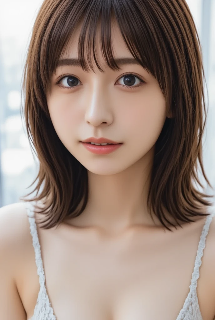 1 girl, alone, Shiny skin, chest, very detaileded, ultra detaileded, Ultra-high resolution, whole body, (Photorealism:1.4), (highest quality), (Best Shadow), Ulzzang-6500, detailed, Perfect lighting, Black Hair, ((Showpiece, highest quality, High precision)), One Girl, (big chest, Realistic: 1.4), (look up at the camera even a little, カメラをlook up, look up, look up at the camera, Looking into the camera))), alone, , White Background, snow-White Background, shut up., smile, pretty Black Hair, short hair, Big eyes, Transparent double eyelids, eyelash, listen, Long neck, Long neck, Absolute area, ((Face close-up, short hair with bangs)), 19 years old, Attractive proportions, Shiny skin, Beautiful clavicle, Golden ratio face, Perfect Face, Teardrop-shaped mole, chestのほくろ, bangs, clean bangs, beautiful bangs, Lip gloss, Thin lips, White skin, I took off my clothes, big chest, Small face, Small face, 少し上を向いてLooking into the camera, ((smile a little for the camera, really nothing pure White Background, very big big chest, big chest))