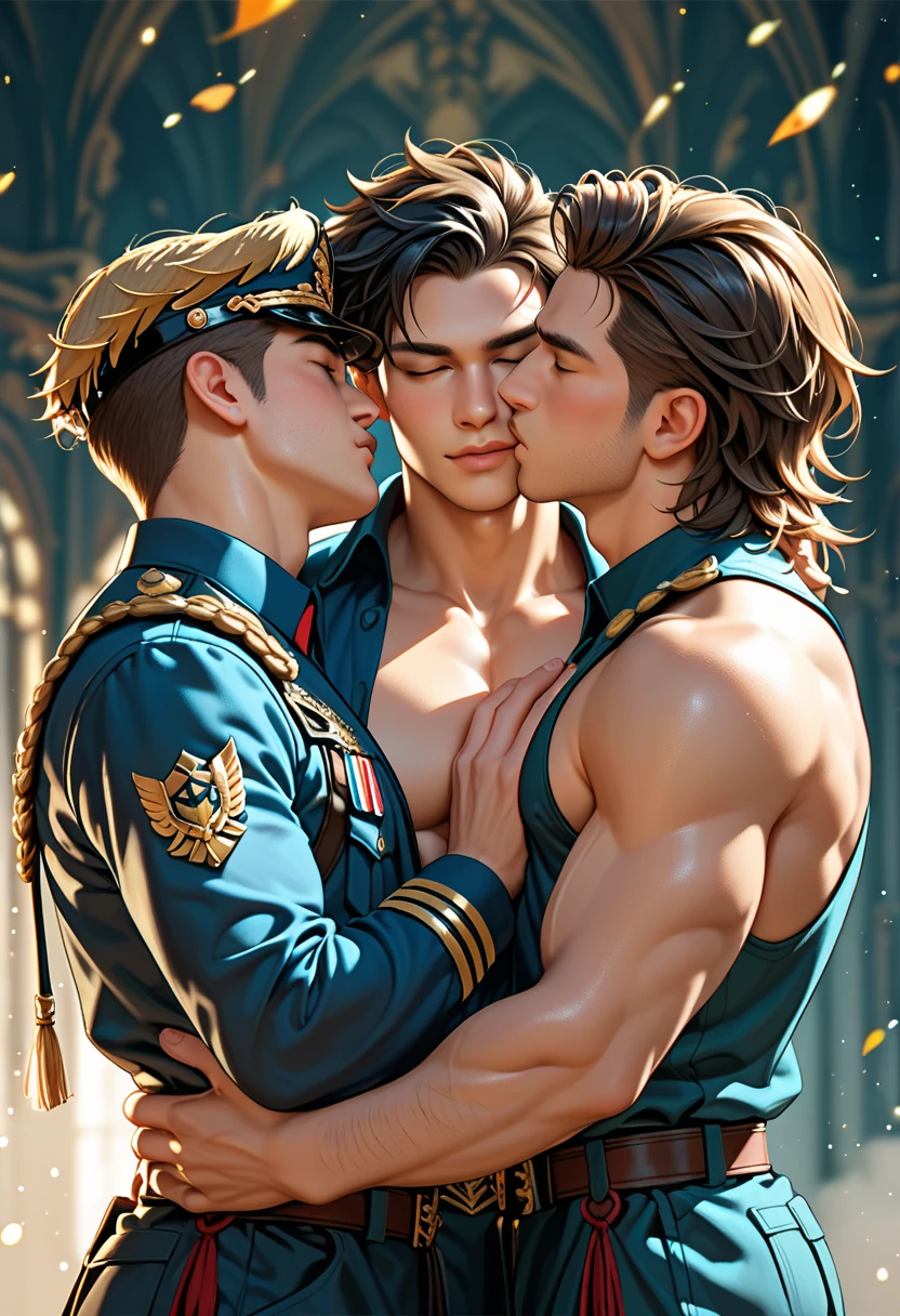 best quality, masterpiece, mature roman emperor with medium length golden middle parting hair, bronzed skin, wearing sheer white toga, having group sex, orgy, kissing, anal sex, oral sex, cumshot, explosive cum, dripping cum, spartan warrior costume, looking at each other lovingly, in lavish roman courtyard, romantic atmosphere, sexy, gay, homoerotic, best view, , ambient lighting, extremely dramatic shadows, perfection, no water