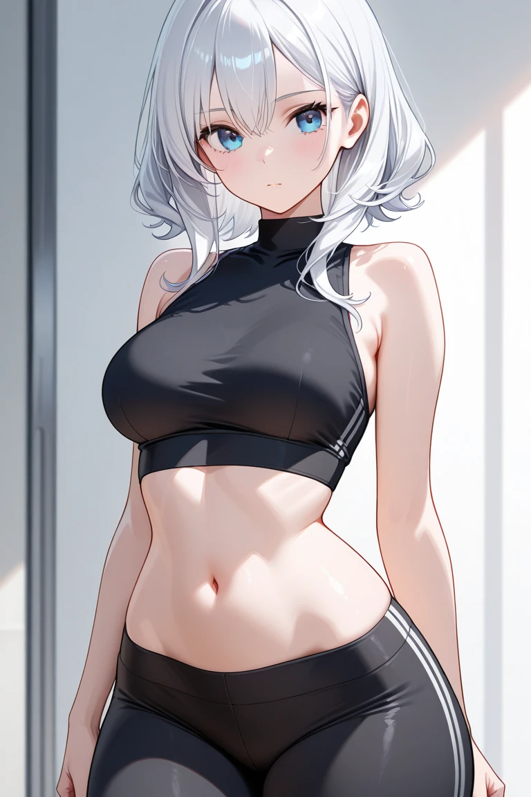 (Sweat, White skin:1.5、Light gray sports bra, Black stained clothing:1.5), cameltoe, Brand logo on the bra, Fitness, Bodybuilding Poses, ((ブラにSweat染み:1.5, Sweatで濡れている, Sweat染み, black sblot on グレースポーツブラ:1.5)),Big Breasts, Sturdy body