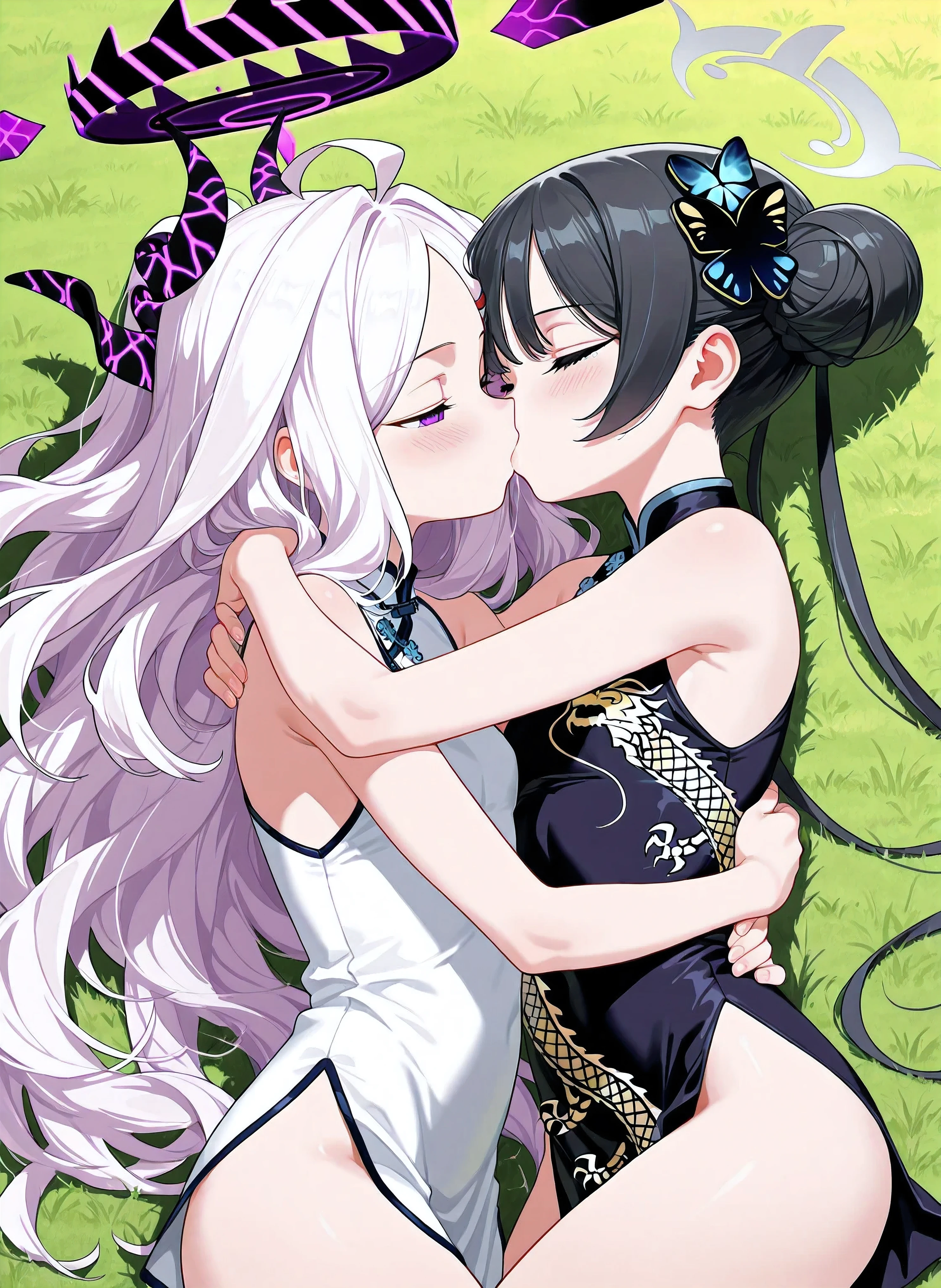 Two female elves,Equal stature,One black and one white,face to face,hold each other tight,kisses,at a forest