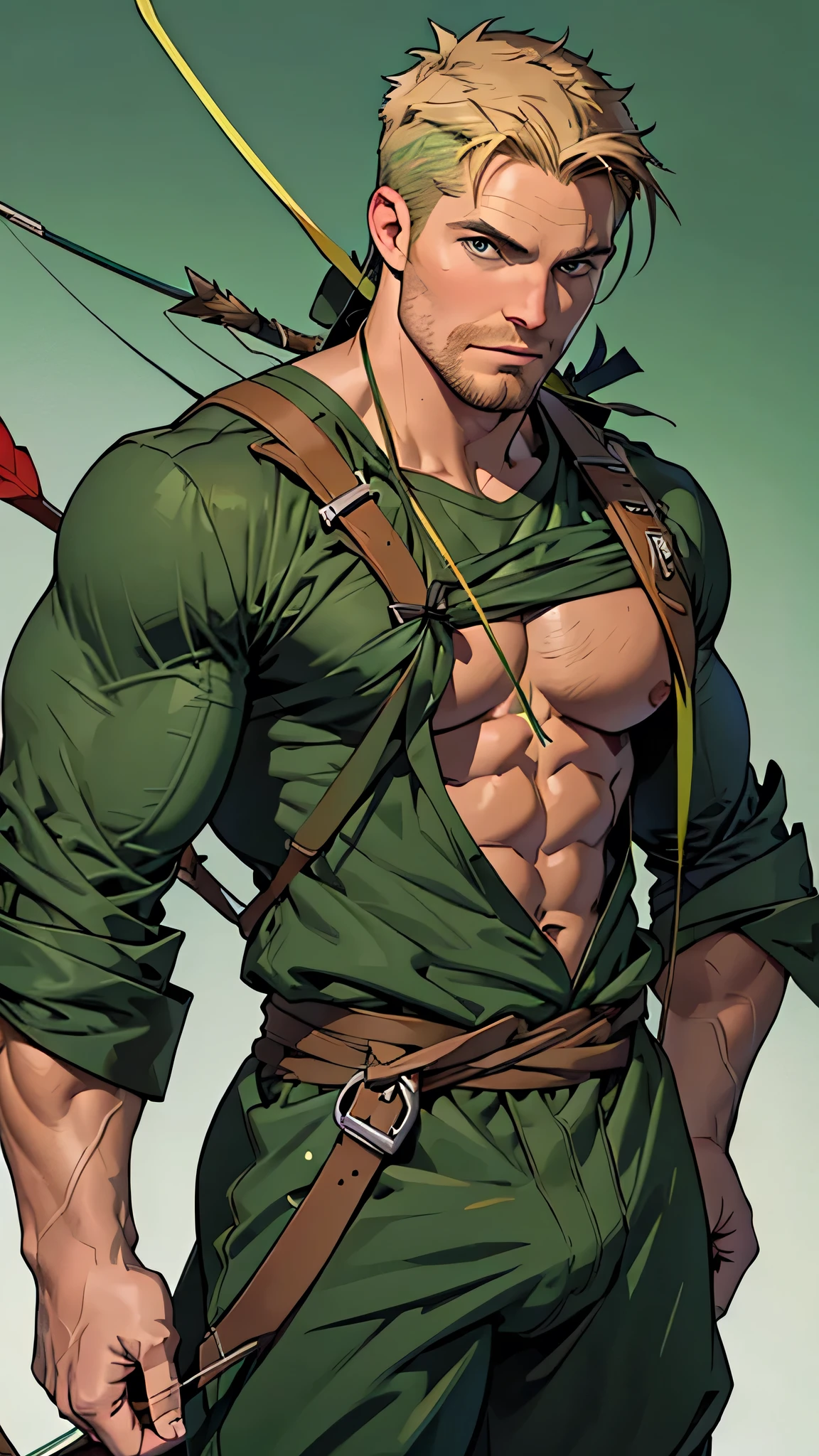 32k, high quality face , detailed fingers ,detailed muscles, stephen amell as green arrow , wearing dark green outfit , showing a dark blond short hair , a thick manly facial hair , hard nipples, a bulge ,hunk and handsome, (((aiming with his bow and arrow )))toward the ennemy , with the quiver on his back full of arrows