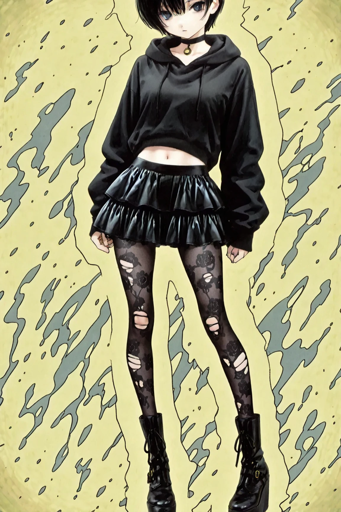 (lamia:1.0), scales, full body, emo, 1boy, black snake tail, crop top, skirt, cute, Femboy