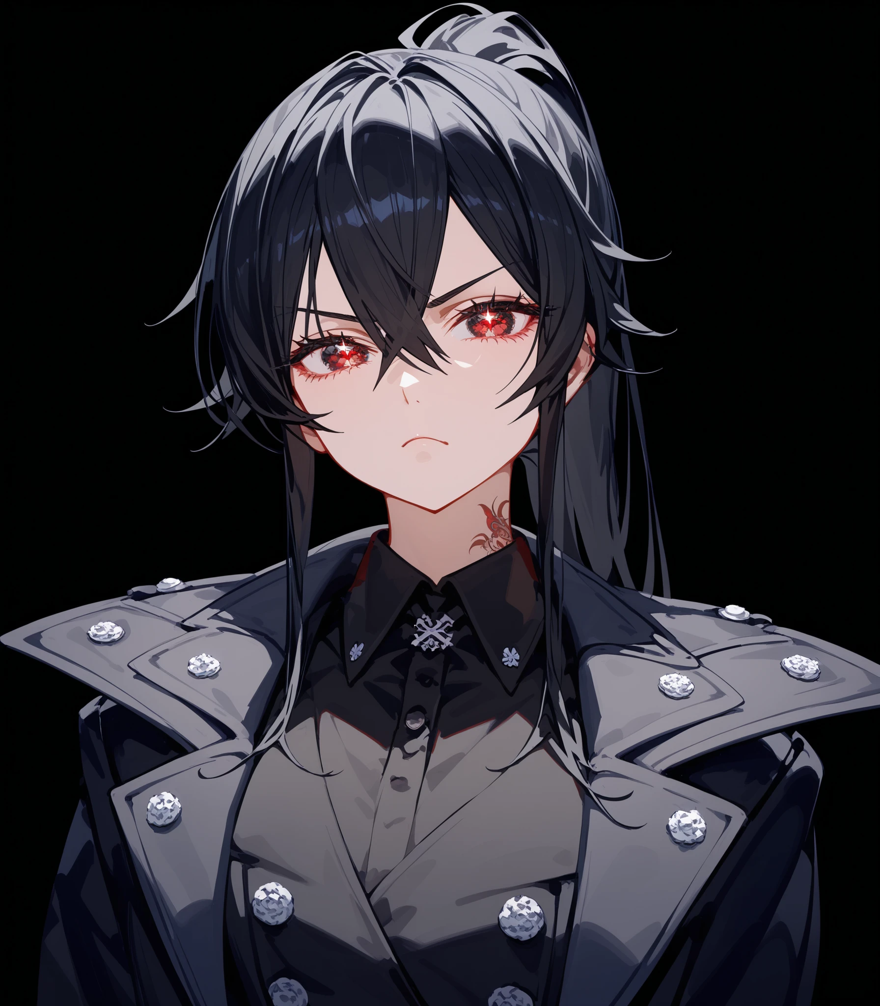 girl,ผมสีดำ, Black hair,in red eyes,black sparkly eyes,black winter dress,Black Shirt,big-breasted dress,Black Coat, Tomboy,slim,good figure,long hair, ponytail,serious page,X,xBlack,black background,,Anime,upper body shape,รอยสักXที่คอ,Pointed eyes ,Fierce face, tattoo X, eyes,Black eyes,Collared shirt, thought X, thought tattoo ,Large X,รายละเอียดXสูงสุด,X,Two tone eyes,