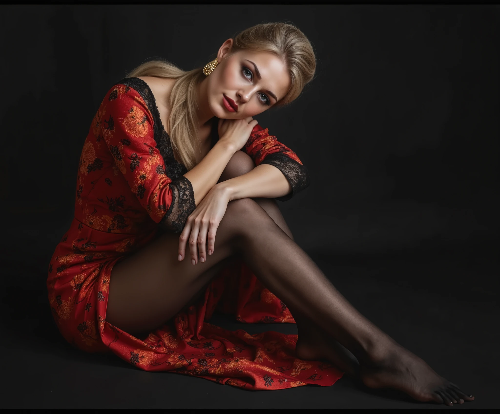 European mature female in a sleeveless crotchless sexy stewardess dress posing for a picture, very attractive and beautiful, elegant seducing pose, beautiful sexy woman photo, sexy girl, very beautiful mature woman, sexy red red sleeveless crotchless sexy stewardess dress, gorgeous elegant attractive, very seductive pose, beautiful blonde girl, seductively looking in front, attractive and beautiful, attractive pose, stunning appealing figure, sexy red sleeveless crotchless stewardess dress, in red and black wavy blonde hair, wearing a form-fitting skintight red sleeveless crotchless stewardess dress with black lace details at the neckline, gold chandelier earrings, crouching pose with one hand resting on chin, black sheer pantyhose, barefoot, black sheer pantyhose, black pantyhose, black sheer pantyhose, (((barefoot:1.6))), very beautiful mature woman, high long blonde ponytail, seated pose, seductive pose, barefoot, detailed feet, soles, toes, indoor setting with soft ambient lighting, stylish and elegant atmosphere, front view angle, smooth lighting and balanced shadows, fashion model photography, modeling photography, 4k fashion shoot, high - end fashion photoshoot, beautiful European woman sitting, attractive pose, stewardess long sleeveless crotchless dress, fashion shoot 8k, fashion model pose, ruan jia beautiful!, solo photoshoot, professional model photography, fashion photograhy, gorgeous chinese model seated pose, patterned red sleeveless crotchless cheongsam with red and orange designs, relaxed body posture, sitting side profile, dark studio background, soft lighting from above, smooth skin, minimal shadows, calm and introspective atmosphere, professional studio shot