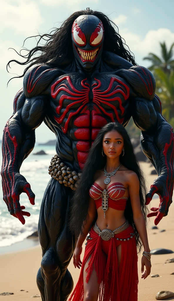 1 girl, very detailed, very beautiful, very roman indian, very long hair, gigantic big breasts, open mouth, unbuttoned, slim waist, view from above, very hair ornament, very silhouette, very Punk woman, red dress, next to a very cyborg white big strong with frightening face, uhd, 64k, absurdres, canon eos r5