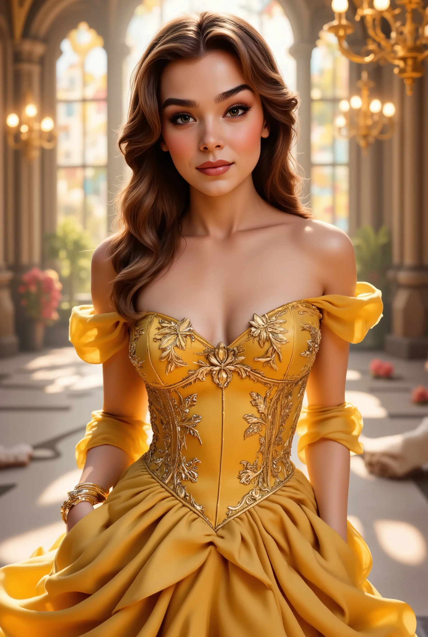 Highly detailed, hyper-realistic cinematic portrait of Belle from *Beauty and the Beast*. She has large, expressive brown eyes and long, wavy chestnut-brown hair, elegantly styled with a few loose strands framing her delicate face. Her skin is smooth and radiant, with a soft natural glow. She wears her iconic golden-yellow ball gown, made of rich, flowing satin with intricate embroidery and delicate folds, reflecting the soft candlelight around her. The fabric’s texture is highly detailed, with visible stitching and a subtle shimmer.
The setting is a grand, enchanted ballroom with towering, golden-lit chandeliers, intricate rococo-style carvings, and marble floors that reflect the ambient glow. Warm, magical light filters through tall arched windows, casting a dreamy, fairy-tale atmosphere. The background is slightly blurred to maintain a cinematic depth of field, with floating dust particles adding a soft, ethereal touch. Belle’s expression is serene yet curious, as if lost in thought, embodying her intelligence, kindness, and adventurous spirit.
Rendered in ultra-realistic 4K resolution, with highly detailed textures on skin, fabric, and hair. The lighting is soft yet dramatic, enhancing the depth and realism of the scene.
