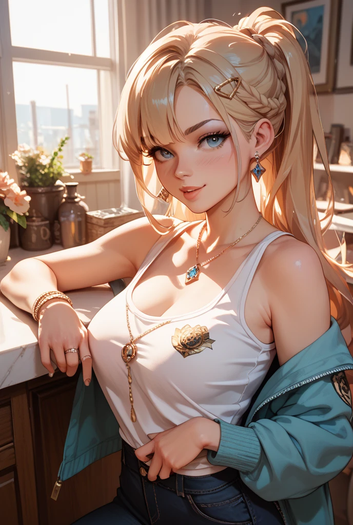 (oil, masterpiece, highest quality, Super detailed, Focus on the characters), woman,White tank top,Big Breasts,tattoo,A fawning smile,Blonde,Updo,,Detailed hair depiction,Detailed depiction down to the tips of the hair([return:0.8]|[ face facing returnwards:1.1]), ,([A deserted bar scenario:1.2]|[ ground:1.3]| [High Contrast:1.1])  