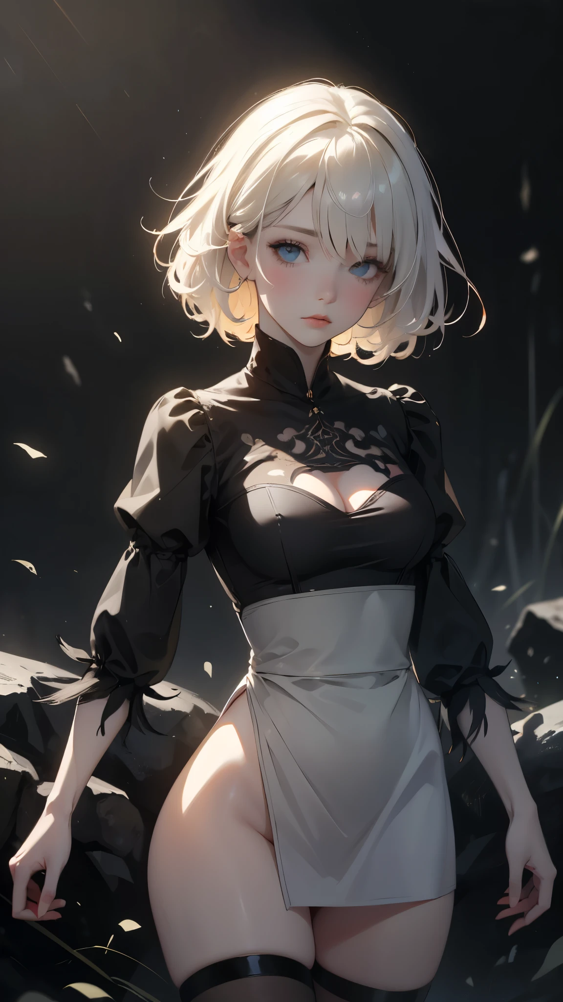 Cat Ears, White Hair, Black Dress, Golden Eyes, Perfect Eyes, perfect face, simple girl, short hair, yellow eyes
