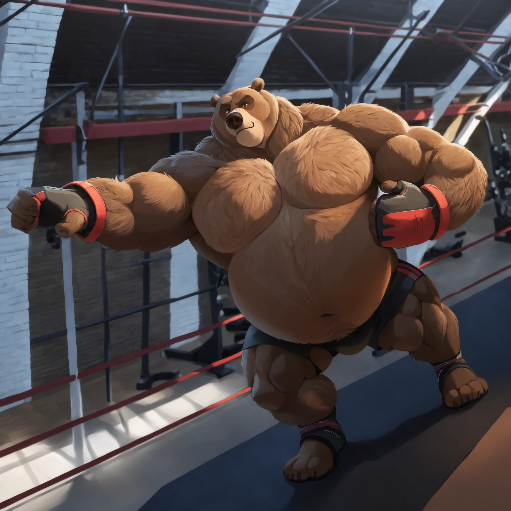 Solo, 1boy, Muscular Old, grunting, intimidating glare, focus, wide shoulder, pectoral, thick arms, huge pectoral, wide pectoral, brown nose, height: 220cm, weight: 440lbs, a Kodiak brown bear in a black MMA shorts with red slits, wearing an MMA gloves with red knuckle pads and an ankle support brace as he workouts in the gymnasium warehouse, Disney 2D Art Style,