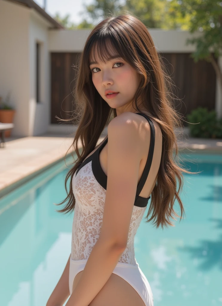 dark brown hair、Light brown eyes、The face of the Japan actress、 Lady、looks like him;I'm about 40 years old、(intricate-detail:1.2)、(top-quality:1.4)、 (超A high resolution:1.2)、超A high resolution、(A detailed eye)、(detailed facial features)、nffsw、8K resolution、D-cup size breasts、length hair、in poolside、Paris hotel pool、Paris hotel pool、in poolsideのビーチベッドに座っています、You can see the pool in the back、Luxurious space、Relaxing、Leaning on the backrest、white lounge 2 pieces Leisure Wear,fully body photo、shot from head to toe、