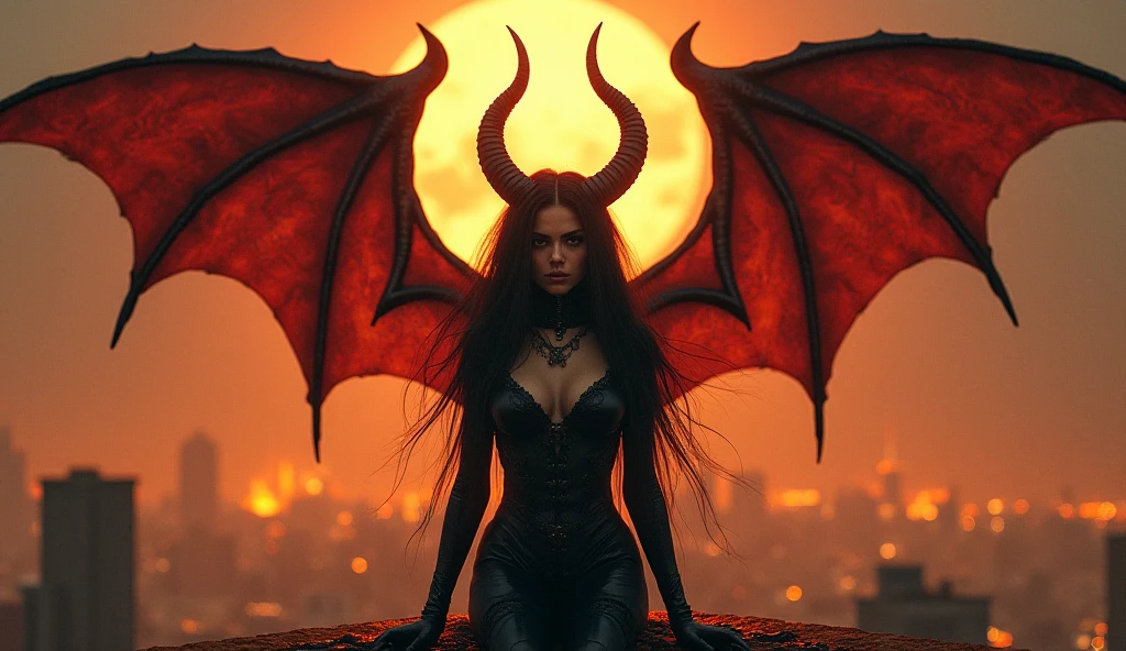 a malayali female vampire, black clothes, having bat-like wings, night, city, sitting on the roof of a skyscraper, (cute pretty beautiful face), ((beautiful eyes)), ((beautiful nose)), ((beautiful lips)), ((very long hair)), vintage classic comic book style, artgerm style, artstation style, 8K