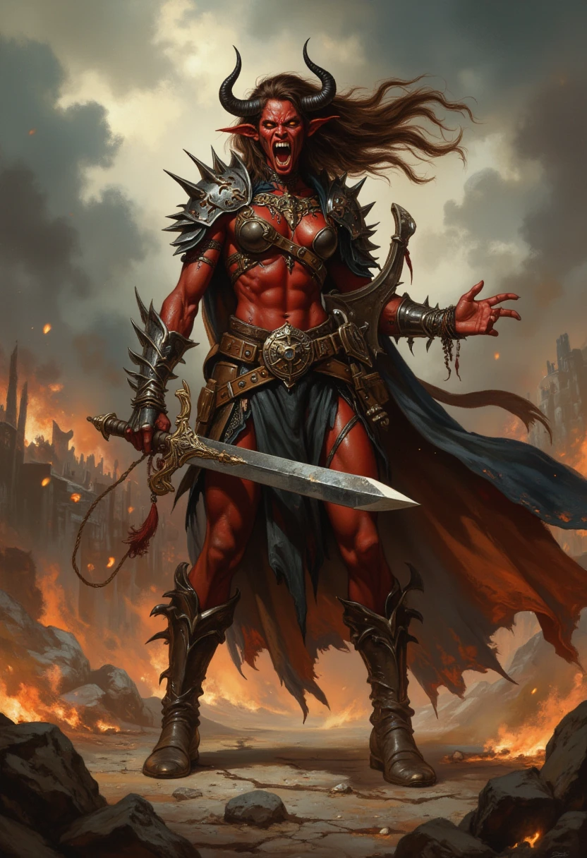 1girl, beautiful female orc, large fangs, fangs out, breasts, with a big axe in her hand, village on fire, ash, outdoors, night , looking_down, looking_at_viewer, standing, cowboy shot, abs, toned, absurdly long red hair, braids, amber eyes, dynamic pose, green hair, hair tied back, fantasy, epic, sexy
<lora:femaleorcv1:1> orc, female orc, fangs, green skin, , <lora:EnvyRoughOilXL01v11-prodigy-batch6:0.7> rough oil painting, anime style, Choppy Layers,, epic female warrior on fire ablaze in black and gold armor with angel wings, horror christian cathedral, nighttime,
dungeons and dragons,