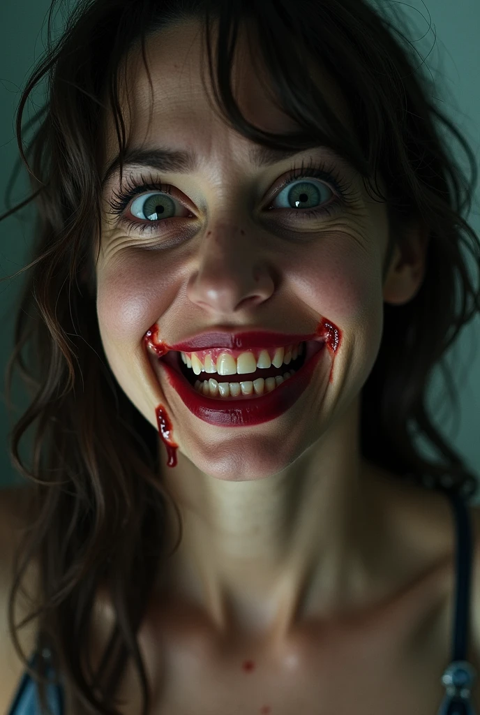 Woman 1.58 meters, big eyes wide open, Lost look, exaggerated smile, fake smile, teeth visible, crazy face, Great cleavage, by rubio, licking his lip, blood stains on the face