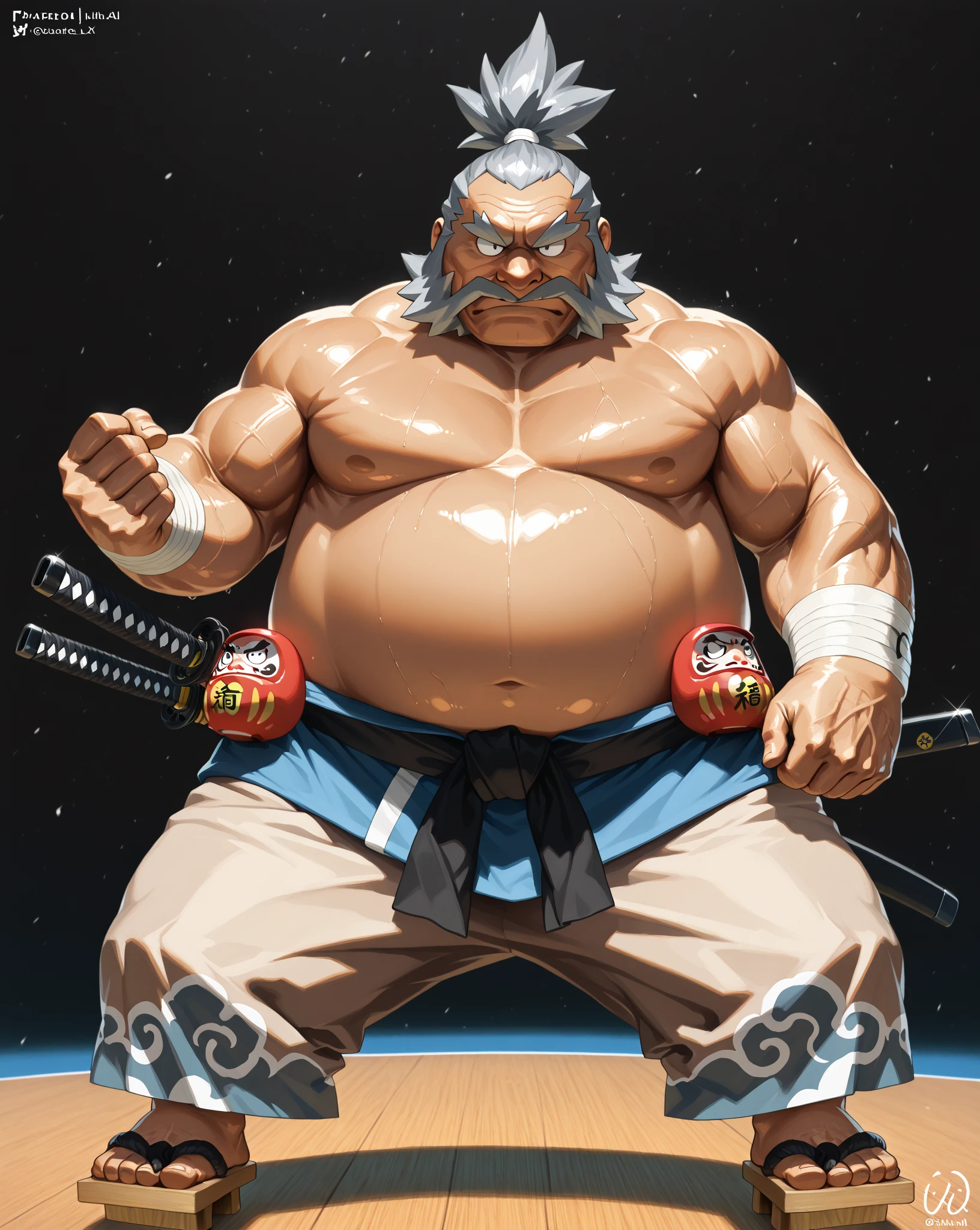 (masutepiece), (excellent), (Ultra-detailed), (Full body: 1.2), sumo-wrestling, Oriental face, japanese kimono, Wind and thunder in the Japan, shenron, TV Anchor, Bust Portrait Illustration, Alone, Very chubby face, Very Clean Face, No beard, Black Chomage Hair, Black eyes, Confident smile, 3c computer sub-product, iPad, iphone, Digital Painting, 2D Character Design:Akira Toriyama、Mark Clairden、Pixar、hayao myiazaki, The illustration is a high-resolution illustration in 4K resolution、Features highly detailed facial features and cartoon-style visuals.