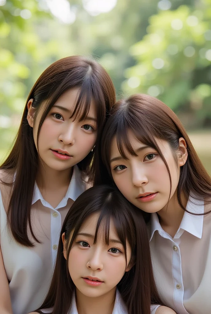 Best_Quality, (masterpiece:1.2) of professional Analog Hi-Res photo, (realistic and photorealistic with touch of rawness:1.37), (( group photo:1.7) of (schoolgirls looking down at the camera and Surrounding))), (Filled with many Faces), (NOGIZAKA face variations:1.4), Wearing schooluniform, { pose for a photo | Kissing }, (((close:1.4, Face closeup from below:1.25))), (((Sky background) with CherryBlossoms)) . BREAK Extremely Detailed KAWAII face variations, captivating gaze, elaborate detailed Eyes with (sparkling highlights:1.2), long eyelashes、Glossy RED Lips with beautiful details, Coquettish tongue, Rosy cheeks, Glistening ivory skin . (Dynamic joyful expressions | :D), Childish .