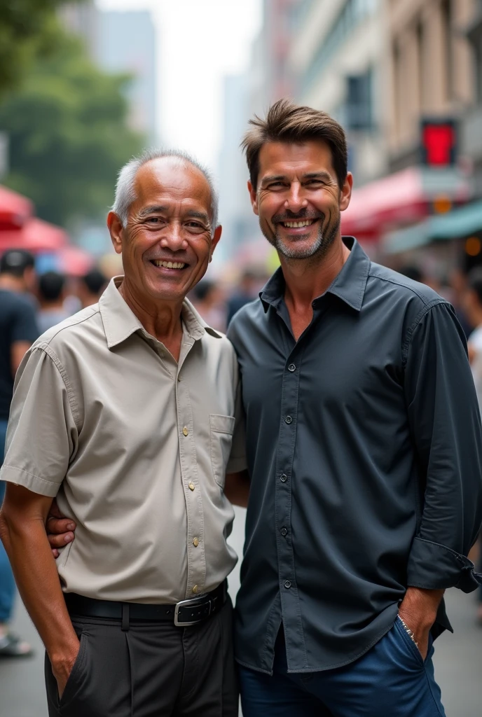 Create an image thinking as a professional photographer: in high quality, ultra HD 1,280px, with a semi-realistic style and colors perfectly centered, vibrant, and of high quality. In the photograph, a deeply joyful man around 35 years old stands with another man around 95 years old, with white hair and wrinkled skin, seated on his shoulders, legs between the shoulders of the younger man. They are within a dazzling, colorful village. The vibrant colors are meticulously positioned to draw attention to the emotionally resonant connection between the two subjects, against the backdrop of the picturesque village scene.