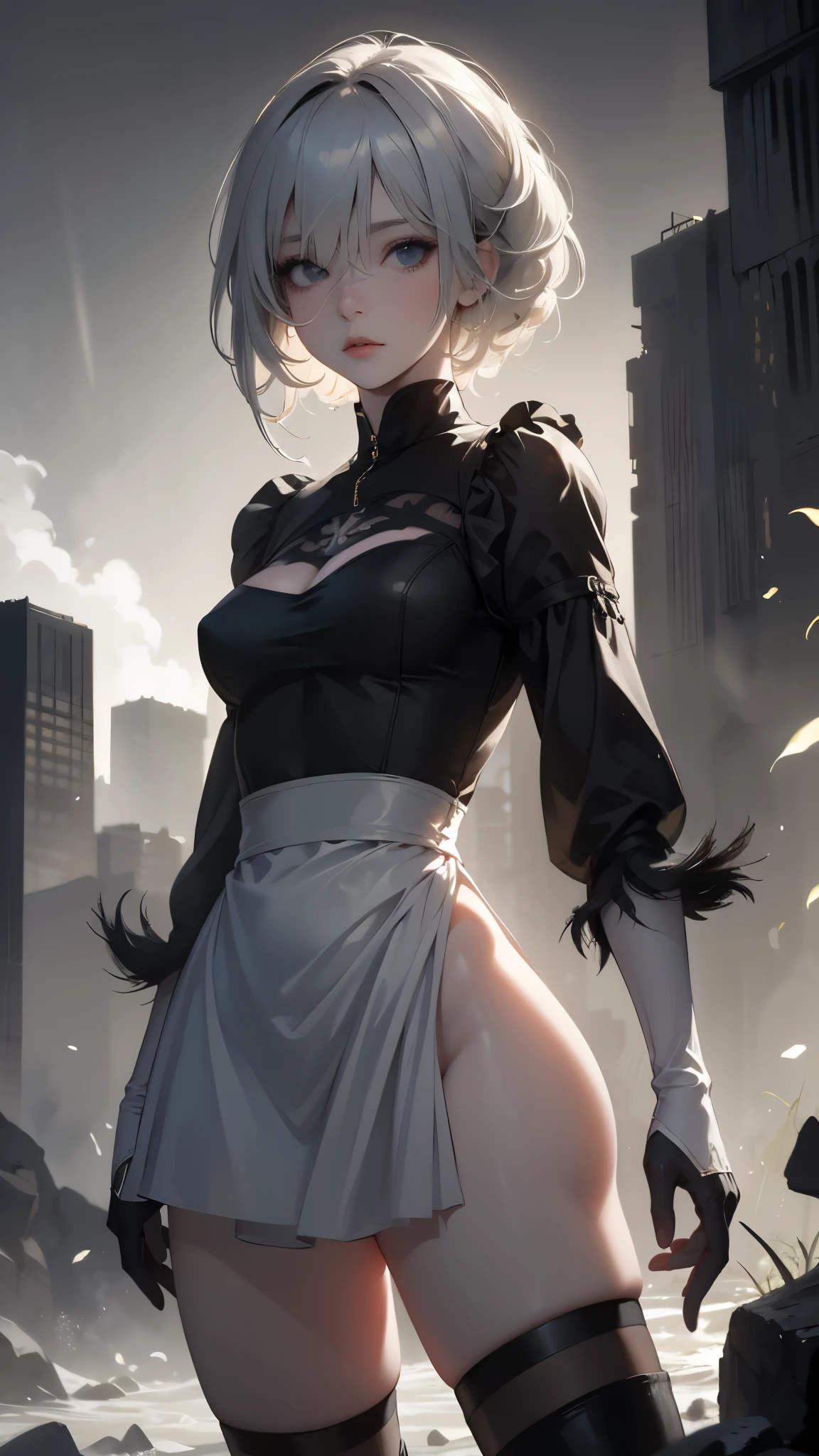 (masterpiece, best quality, highres, high resolution:1.2), extremely detailed, intricate details, 1girl, solo, looking at viewer, cowboy shot, standing, hm2b, light blue eyes, clothing cutout, long sleeves, puffy sleeves, juliet sleeves, feather trim, black thighhighs, black gloves, covered navel, (white_leotard:1.2), <lora:y2b_v2-1:1>, outdoors, dystopian, ruined city, (cinematic lighting, bloom, volumetric),