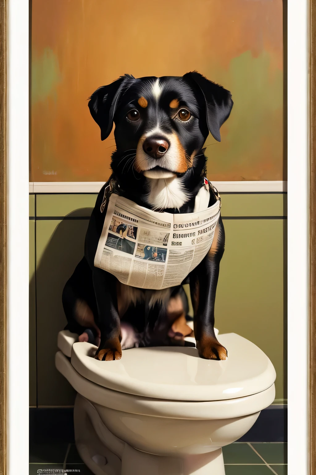 dog sitting on the toilet reading the newspaper, Picture of a cute dog, Super Humorous Oil Painting , very humorous oil painting, and I'm wearing sexy high school girl clothes with, descriptive art , Extremely High Quality Artwork, funny illustration ,, framed poster , Framed poster , canvas art print, Ultra Realistic Pictures, funny artwork, adorable detailed artwork, Mixed Art、Golden retriever sitting on toilet with newspaper
