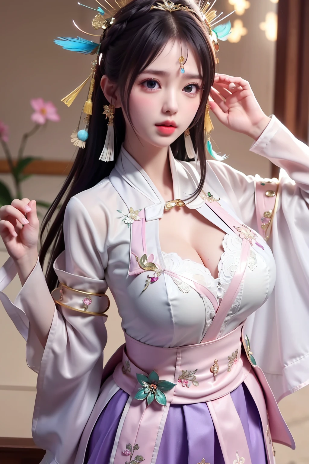 Wet-breasted Hanfu dynasty open V-chested clothes royal Wet body of thin silk fabric, Thin silk lace petticoat,princess 8 yeald old cute, (huge boobs,cleavage),petticoat, white pink,,best qualtiy,tmasterpiece,超高分辨率,(真实感:1.4),RAW photogr,(True skin texture:1.3),(filmgrain:1.3),(Selfie angle),1个Giant Breast Girl,Beautiful eye and face details,tmasterpiece,Best quality at best,exposing thighs,Bigchest,The chest is more exposed, detailed hair,above looking down facing at camera,short dressPrincess Eyes,Super big eyes,Detailed face,shiny pupils,
