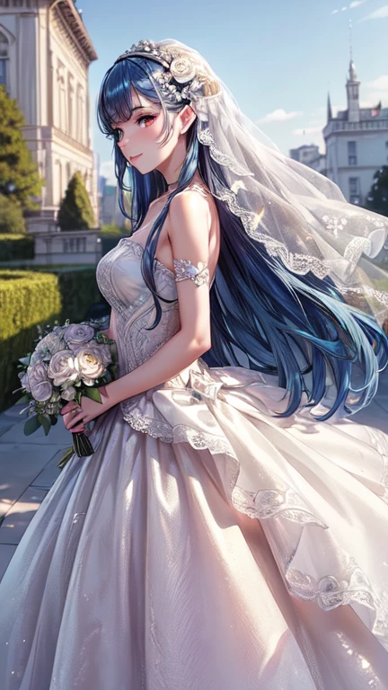 New Purple Crystal Wedding Dresses、Filled with layered tulle, European style white patterned marble background wall, Fairytale palace style, and oversized skirts. The neckline and cuffs are decorated with openwork lace elements and jewelry, And the skirt is covered with luxurious flowers and butterflies. imagination, 超realistic, hard disk, Super detailed, realistic, high pixel, Octane Regeneration, cinematic lighting