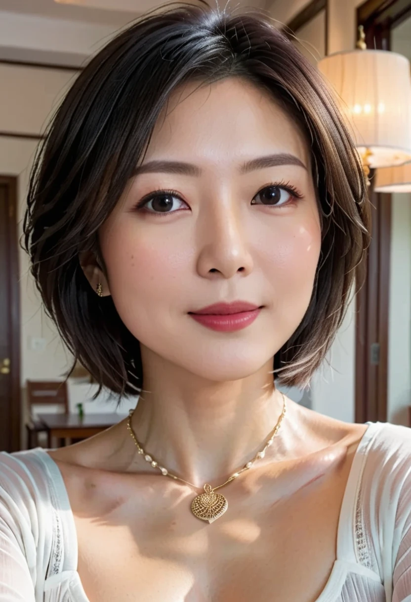 ((top-quality)), Beautuful Women:1.4, Slender Abs:1.1, ((dark brown short hair、Colossal tits:1.2)), (Shiny Silver Tight T-Shirt, The sheen、Standing Black Spats:1.2), Detailed face and skin texture, A detailed eye,sit a chair