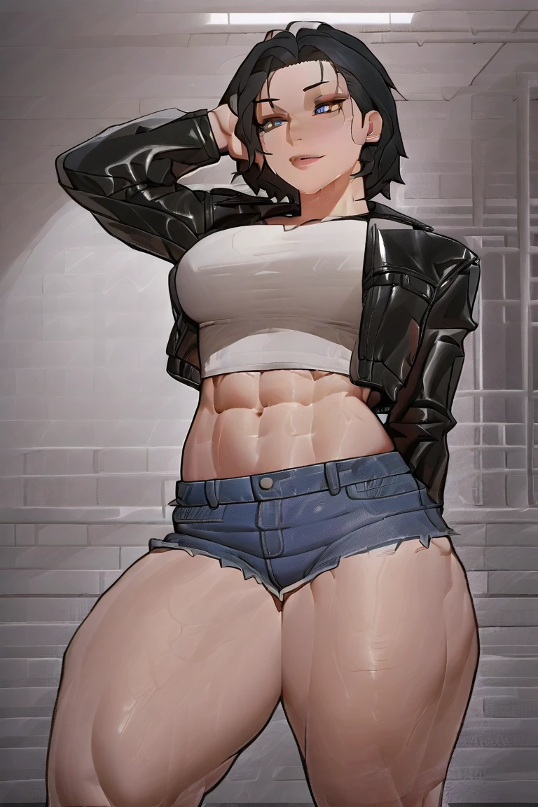 (masterpiece, best quality:1.2),  noodle (gorillaz), full-body shot ,black hair, 1girl, streaked hair, black eyes, multicolored hair, bangs, parted lips, breasts, small breasts, bob cut, thick butt, cameltoe, White background, ((white unbuttoned crop-top, unbuttoned short shorts, barefoot)), masterpiece, best quality, absurdres, highres, 4k, ray tracing, perfect face, perfect eyes, intricate details, highly detailed, (best quality:1.33), (masterpiece:1.42),(semi realistic:1.3), (detailed:1.15),(skin details), Dappled Light, analog style (look at viewer), (skin texture), (realistic texture skin), cinematic light, side lighting, ultra high res, best shadow, RAW, (Dutch angle:1.1), lightroom, cinematic, hdr, raw, (intricate:1.4), high quality, soothing tones, intricate details, low contrast, extremely high quality RAW photograph, detailed background, intricate, Exquisite details and textures, highly detailed, ultra detailed photograph, warm lighting, 4k, sharp focus, high resolution, detailed skin, detailed eyes, 8k uhd, dslr, high quality, film grain, Fujifilm XT3, 
Rainy Day: The diffused light and wet surfaces on a rainy day can create a moody and atmospheric environment, perfect for capturing reflections and street photography.,