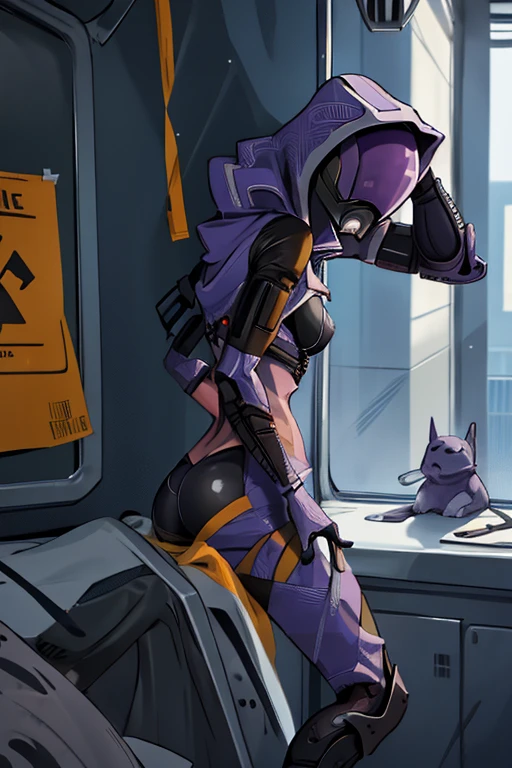 Mujer, Tal, 1mujer, solamente, hood, purple outfit, WMASK, (casco, Anonymous), capucha hacia arriba, extranjero, adentro, NSFW, se acabaron, (leaning forward), Visor de cara, caderas anchas, cyberpunk, Cabina Starship, staring at the camera, nsfw (anime), (illustration), dibujos animados, Detallado NSFWpunk