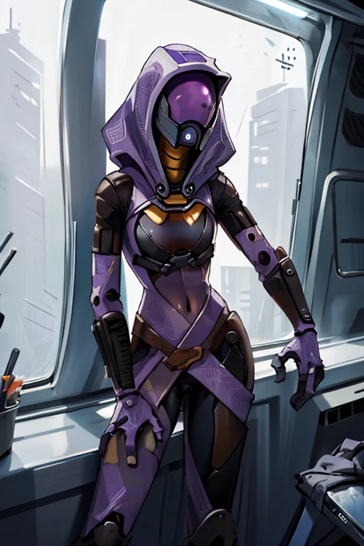 tali, 1 girl, One, hood, purple bodysuit, a mask, (helmet, faceless), hood up, stranger,  kneeling , full length , hands behind your back , light falls on the mask 