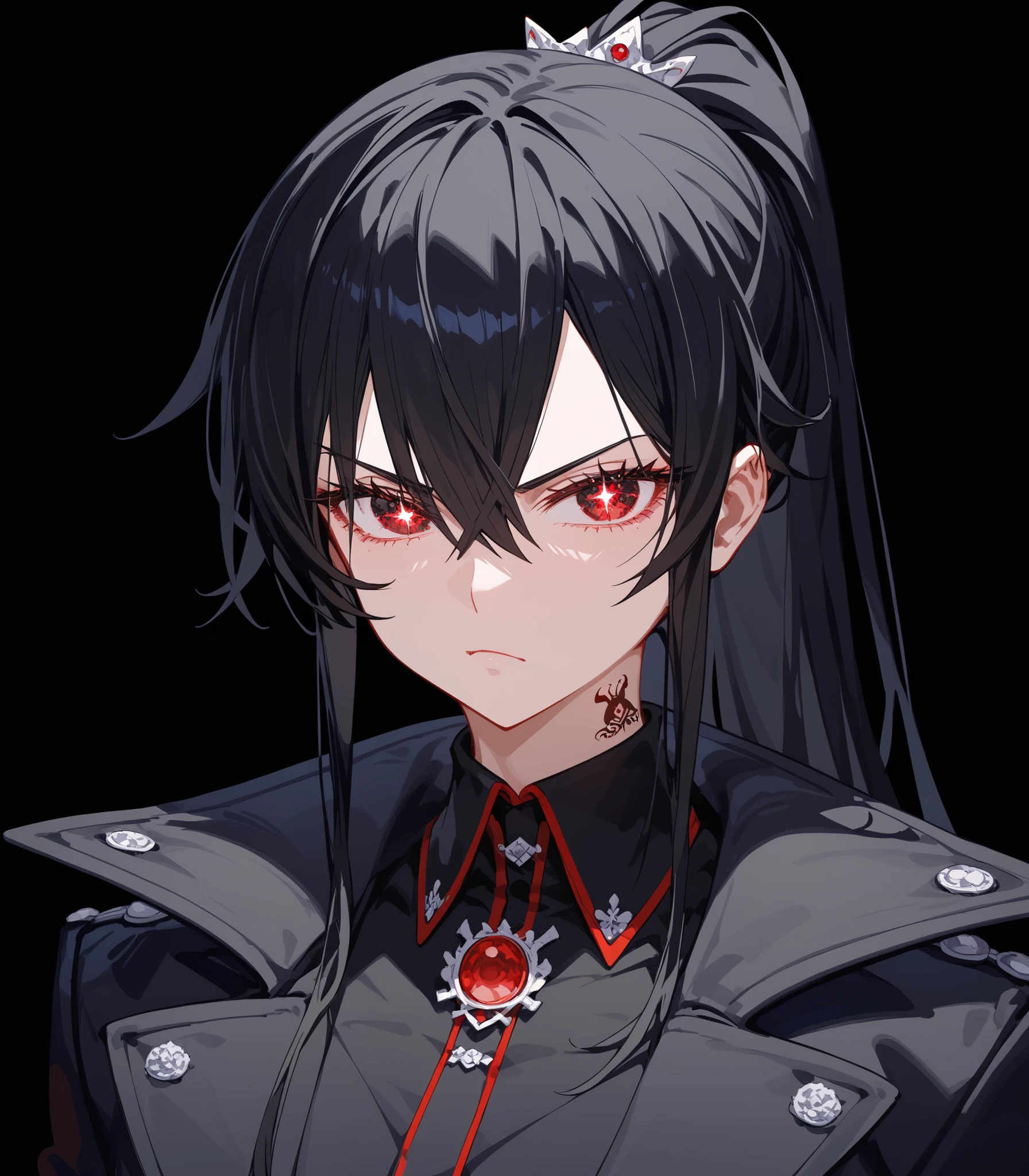 girl,ผมสีดำ, Black hair,in red eyes,black sparkly eyes,black winter dress,Black Shirt,big-breasted dress,Black Coat, Tomboy,slim,good figure,long hair, ponytail,serious page,X,xBlack,black background,,Anime,upper body shape,รอยสักXที่คอ,Pointed eyes ,Fierce face, tattoo X, eyes,Black eyes,Collared shirt, thought X, thought tattoo ,Large X,รายละเอียดXสูงสุด,X,Two tone eyes,X,รอยสักX,