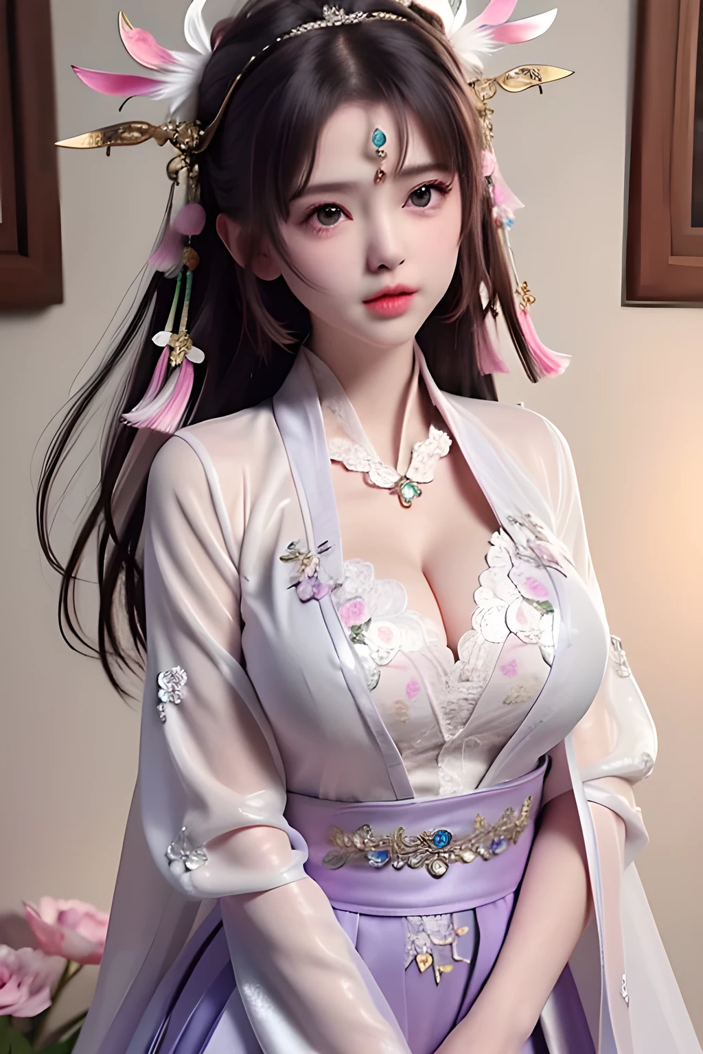 Create an ultra-cute and enchanting depiction of Shuten-Doji as an adorable moe character. She stands at an average height with a yet well-proportioned build, exuding charm and innocence. Her skin is a soft, pale pink, adding to her sweet and approachable appearance. Her face features large, sparkling eyes in shades of pink or violet, filled with joy and mischief. She has small, cute horns protruding from her forehead, giving her a playful and endearing look. Her mouth is small with a gentle smile, revealing tiny, harmless fangs. Her long, silky black hair flows down her back, often styled with ribbons or accessories.
Her attire includes a cute and frilly kimono with tiger-striped patterns, symbolizing her playful ferocity, adorned with bows and lace. She is adorned with delicate jewelry and accessories that enhance her adorable and feminine appearance. In one hand, she holds a small, ornate sake cup, showcasing her playful nature, while her other hand may hold a small, decorative club that looks more like a toy than a weapon.
The background features a bright and cheerful setting, such as a cherry blossom festival or a lively marketplace, with vibrant colors and playful details. The scene is filled with light and joy, emphasizing her adorable and friendly demeanor. The color palette includes soft pinks, pastels, and bright accents, enhancing the overall cuteness and moe appeal of Shuten-Doji.