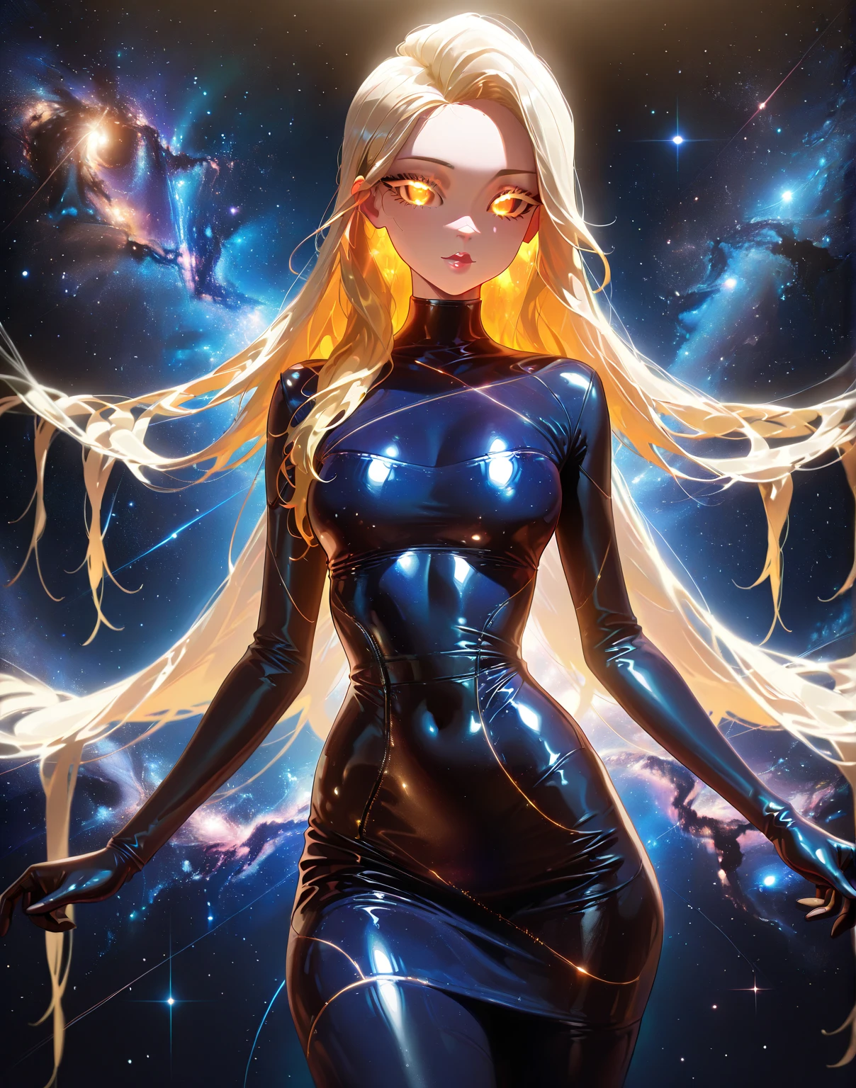 masterpiece, best quality, amazing quality, very aesthetic, absurdres,  newest, volumetric lighting,
space_backround,
1girl,solo,blonde,long hair, perfect detailed eyelashes, glossy lips, perfect nose, shiny skin,colored skin, looking at viewer, cowboy shot, front-view, intricate patterns, (universe backround),
masterpiece, best quality, amazing quality, very aesthetic, absurdres,  newest, volumetric lighting,
 ,<lora:space_backround_illustrious:0.8>,