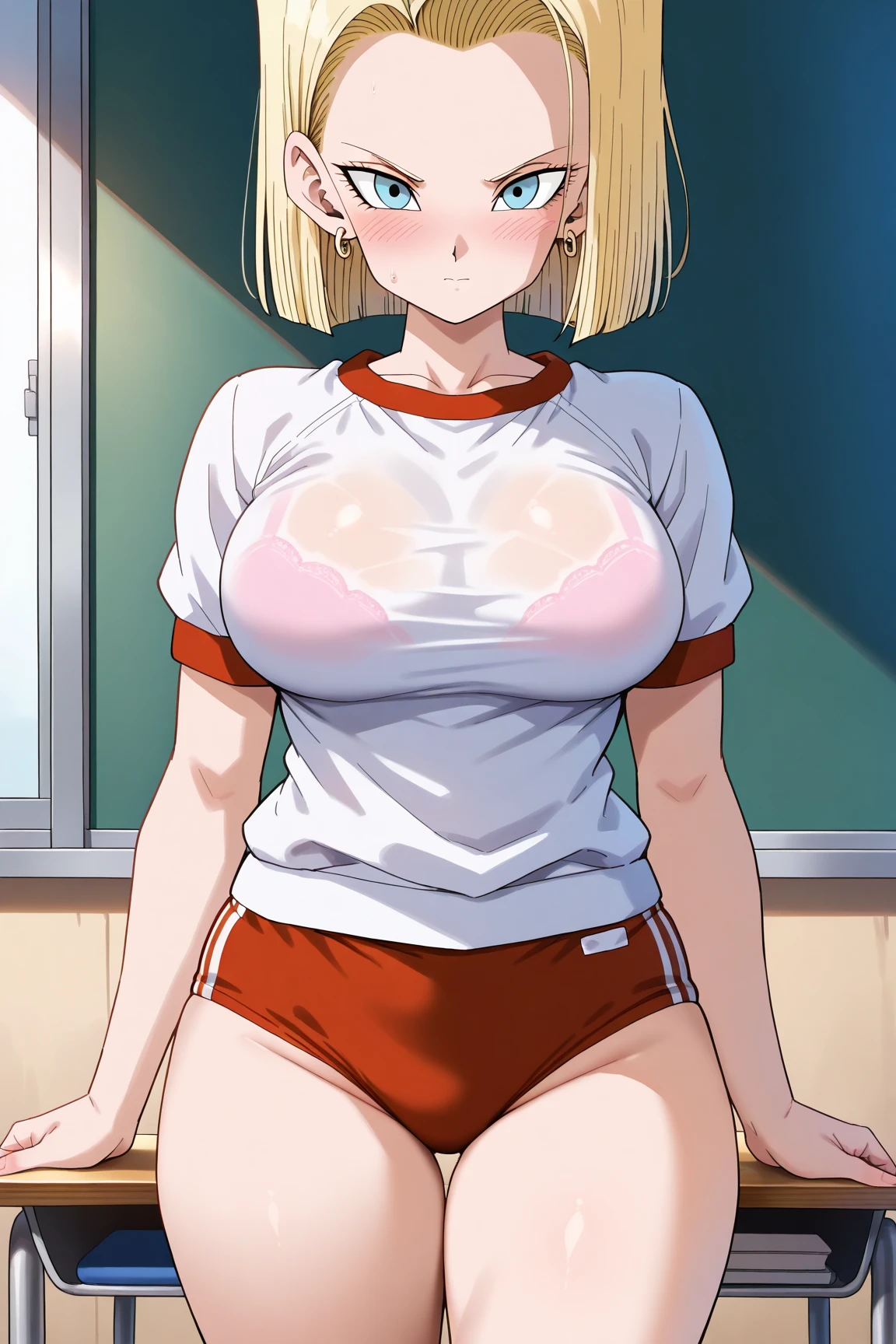 masterpiece, Highest quality, Expressionless, 1 girl, 、Locker Room、Change of clothes、Open shirt、Orange Panties((Blonde))　　Nipples　Big Breasts　　Look away　From above
