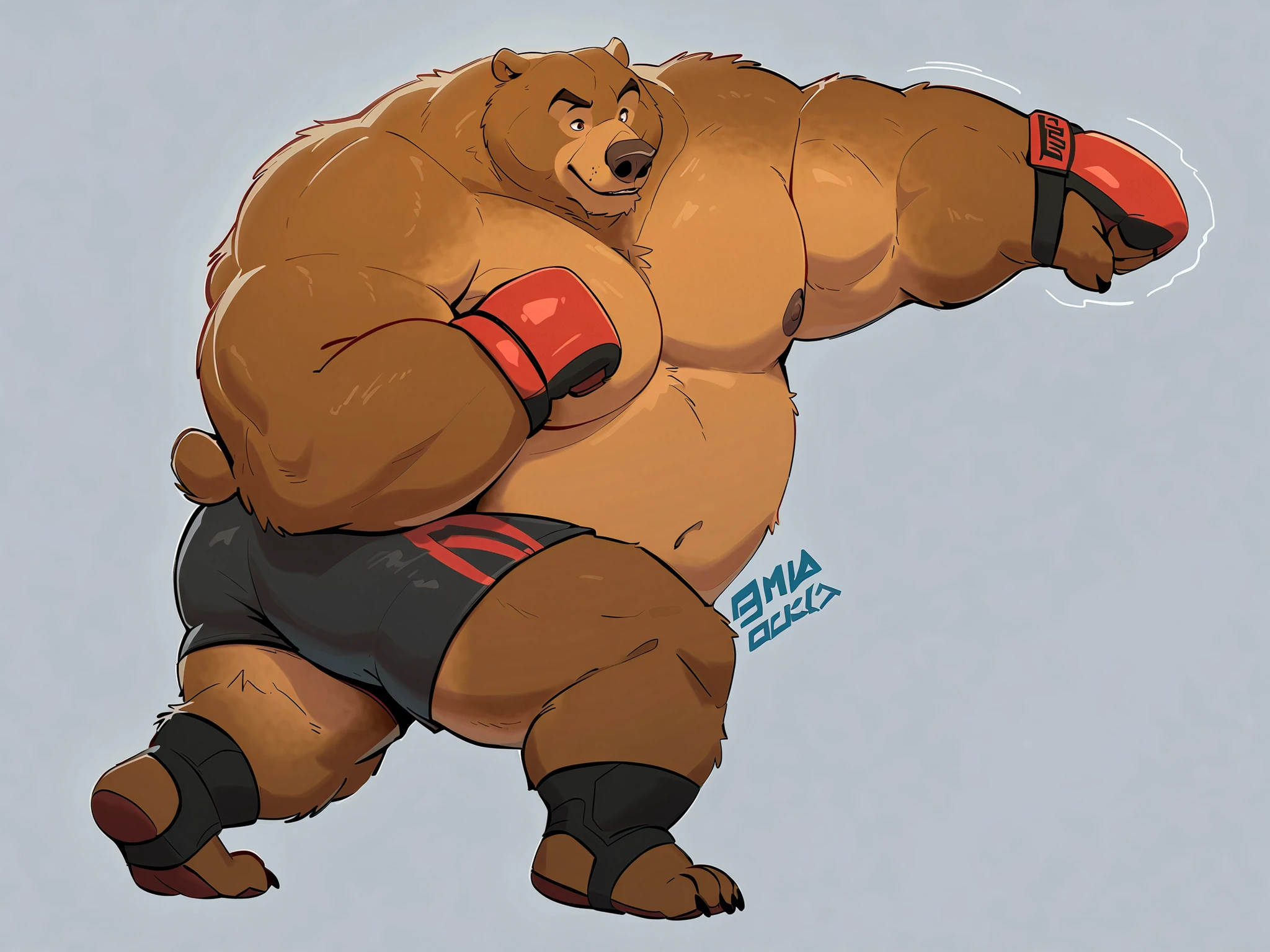 solo, 1boy, Huge Muscular kodiak Bear, huge brown fur, pectoral, huge pectoral, wide pectoral, detailed eyes, black MMA shorts with red slits, MMA gloves with red knuckles pads, ankle support brace, shirtless and topless, brown fur, gym background, masterpiece, high detailed, Disney, 8k, high resolution, at the gym, training his punches