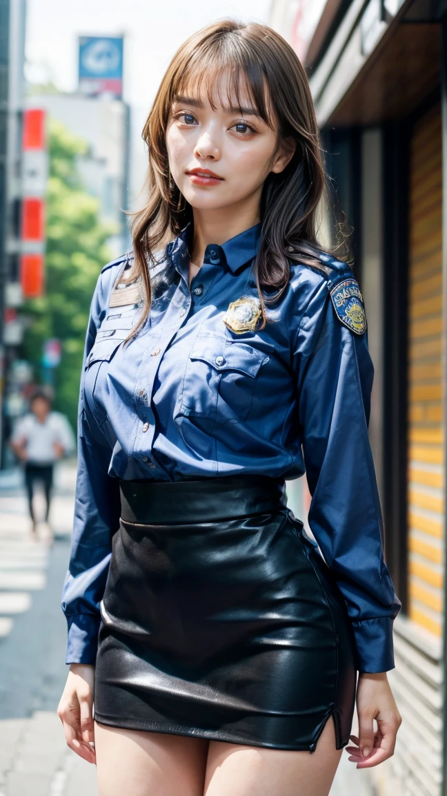 8k, ultra hd, masterpiece, 1 girl, (innocent face:1.2), very long hair, detailed eyes, (police outfit:1.4), (green outfit:1.4), police hat, in the battlefield, (bloom:1.5), perfect body image,