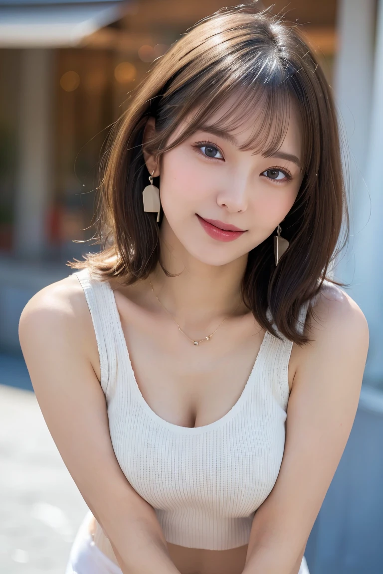 Beautiful young woman of the year、 Vietnamese women、Light brown hair、Wavy Hair、short hair、ear piercing、Necklace around the neck、blouse、smile, Beautiful teeth alignment、Intricate details, Very detailed:1.2), 、 Looking into the camera,The background is the town

