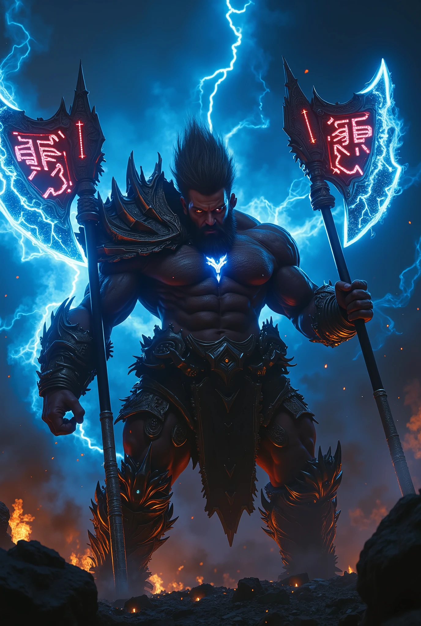 (Gigantic berserker warrior), wild short spiky hair (Goku-style), ultra-muscular, (robust beard), (bloodthirsty gaze), glowing eyes. Two ((colossal war axes)) crossed on his back, engraved with glowing red-blue runes. (Menacing electric-blue aura) distorts air. Ruined battlefield, swirling blue fog, floating embers. (Cinematic low-angle shot), (dark fantasy style), (4K masterpiece), (hyper-detailed armor and weapons), (realistic anatomy), (vibrant blue lighting), (intense visual contrast).