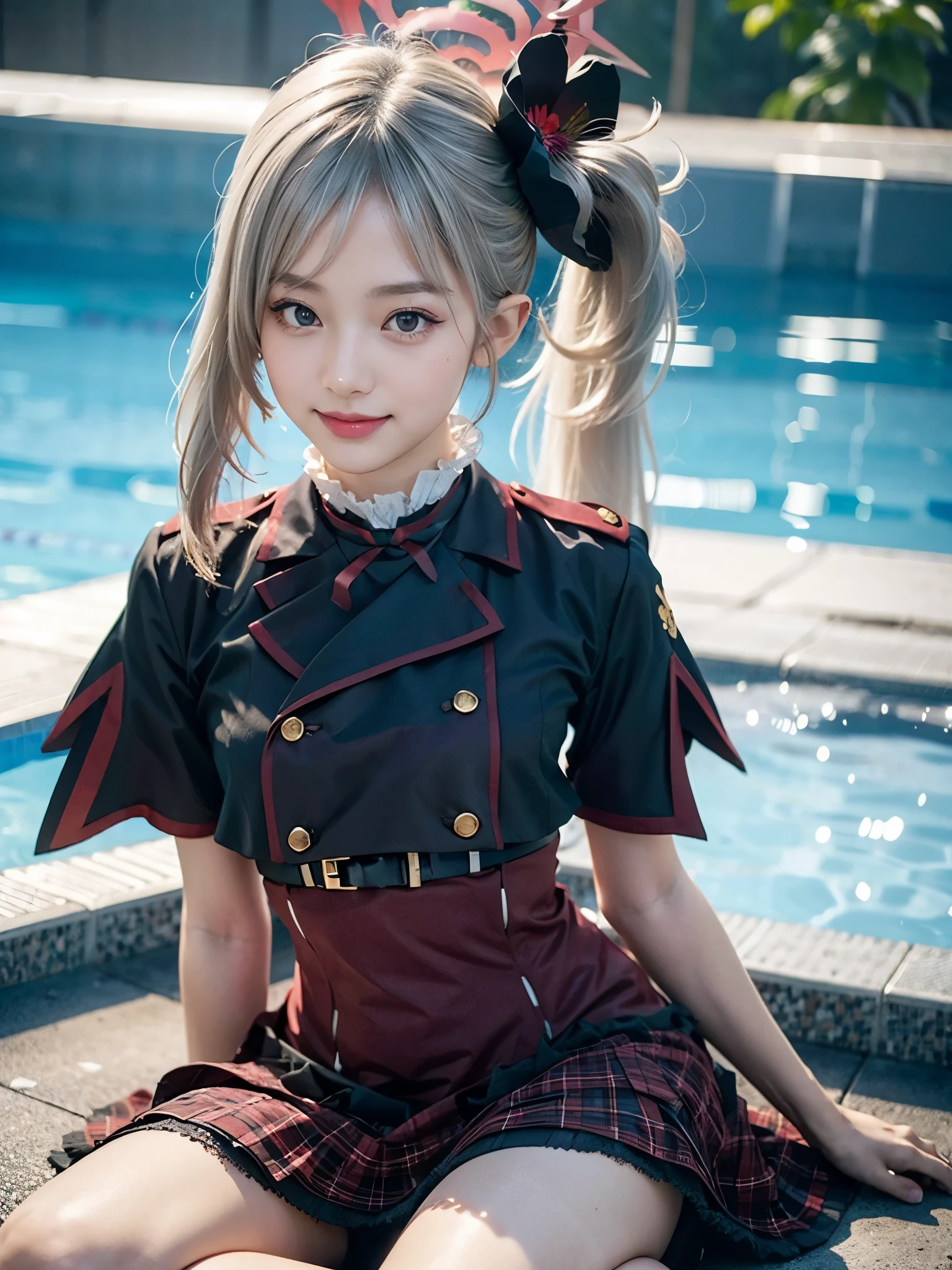 1girl, (cute Japanese girl), 18yo high school girl,
BREAK
(smile:1.15), Looking at camera,
BREAK
(close up:1.5), (portrait:1.2), stylish pose.
BREAK
(8k, RAW photo, best quality, masterpiece:1.2), (realistic, photo-realistic:1.4), (extremely detailed 8k wallpaper), sharp focus, depth of field, blur background, bokeh, cinematic lighting, soft light,
BREAK
flat breasts, , (nipples under clothes:), (veiny skin:1.5),
BREAK
short sleeves, red skirt, plaid skirt, frilled skirt, frills, thigh strap, black footwear boots
BREAK
mutsuki, white hair, long hair, ((side ponytail)), hair ornament, hair flower, black flower, hair ornament, purple eyes, (((halo))),
BREAK
Virtual Reality District, (((in the swimming pool))),