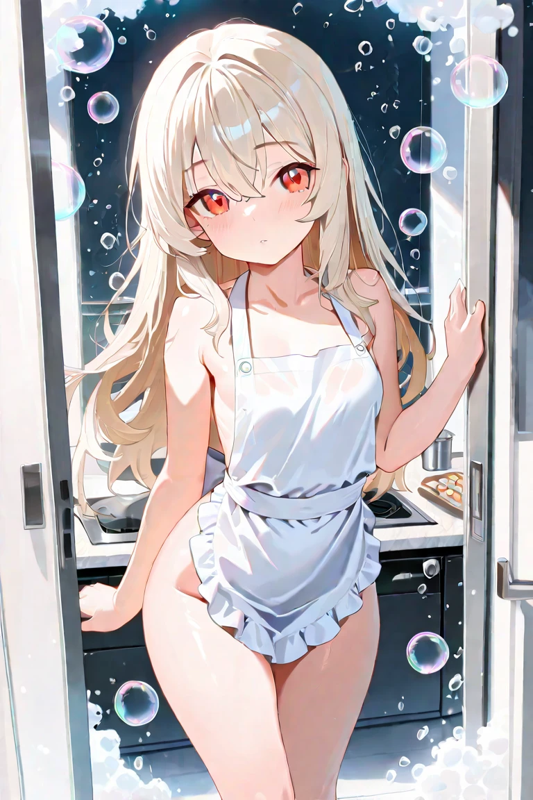 1girl, nsfw,　Reines El-Melloi Archisorte 　LONG HAIR, BLONDE HAIR, AQUA EYES, BERET, BLACK HEADWEAR, HAIR FLOWER, RIBBON,,, empty eyes, large breasts, nipple, Walking, Cooking Classes, frozen, Wet, crying, Naked, (1girl) Blank look, Peeing, lactation, projectile lactation